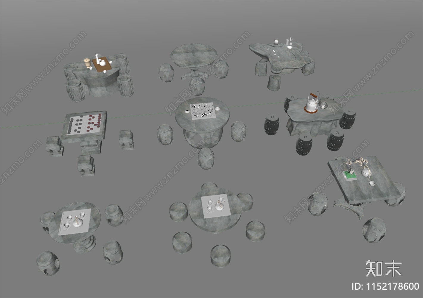 中式户外石桌石凳SU模型下载【ID:1152178600】