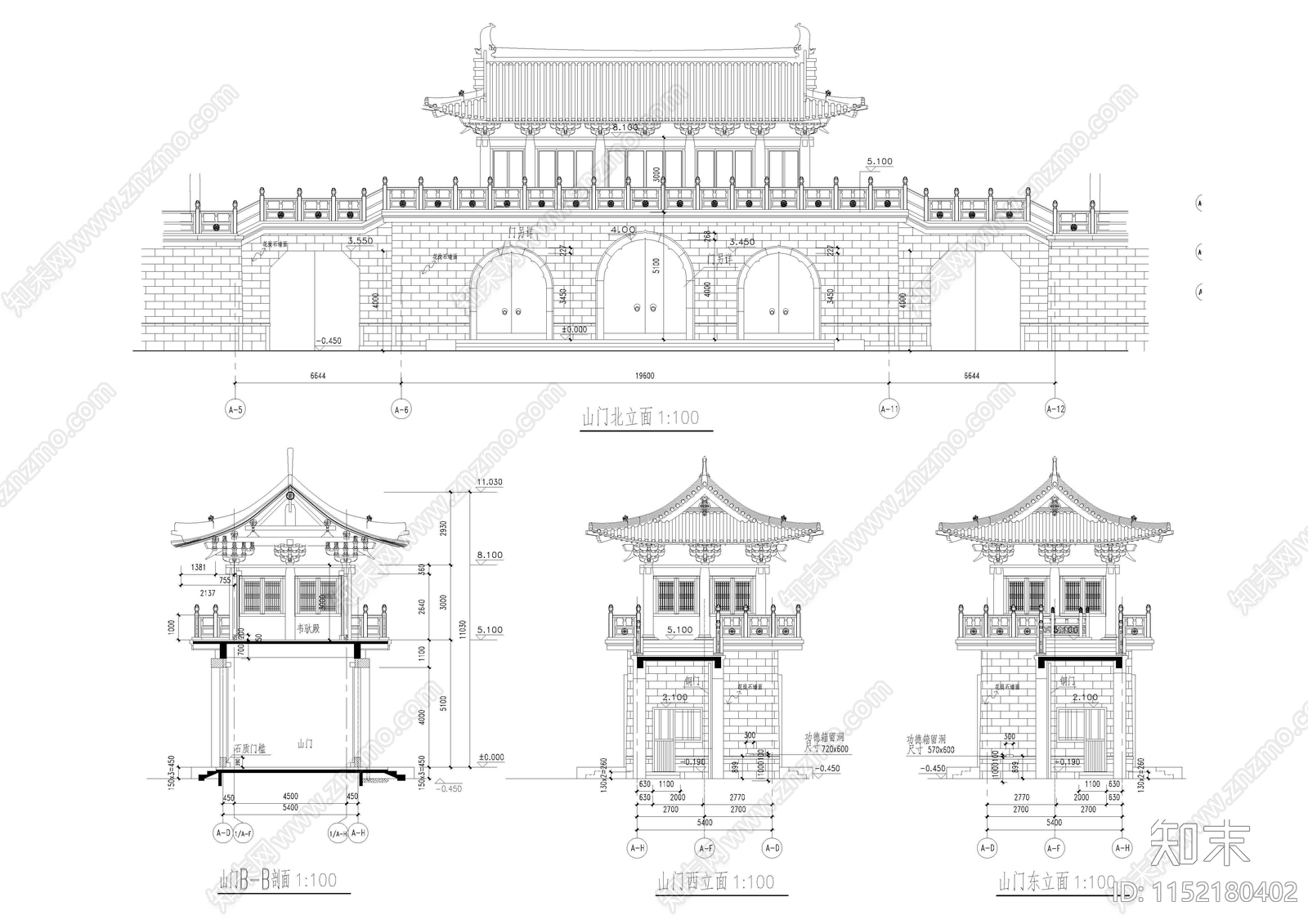 仿古山门建cad施工图下载【ID:1152180402】