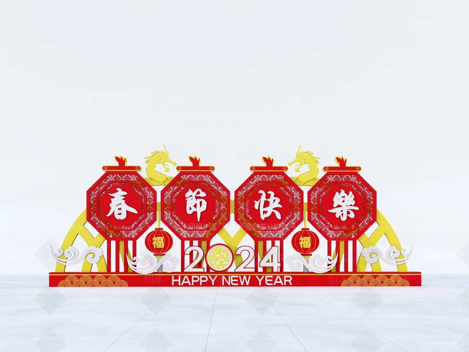 新中式风格新年美陈SU模型下载【ID:1152186147】