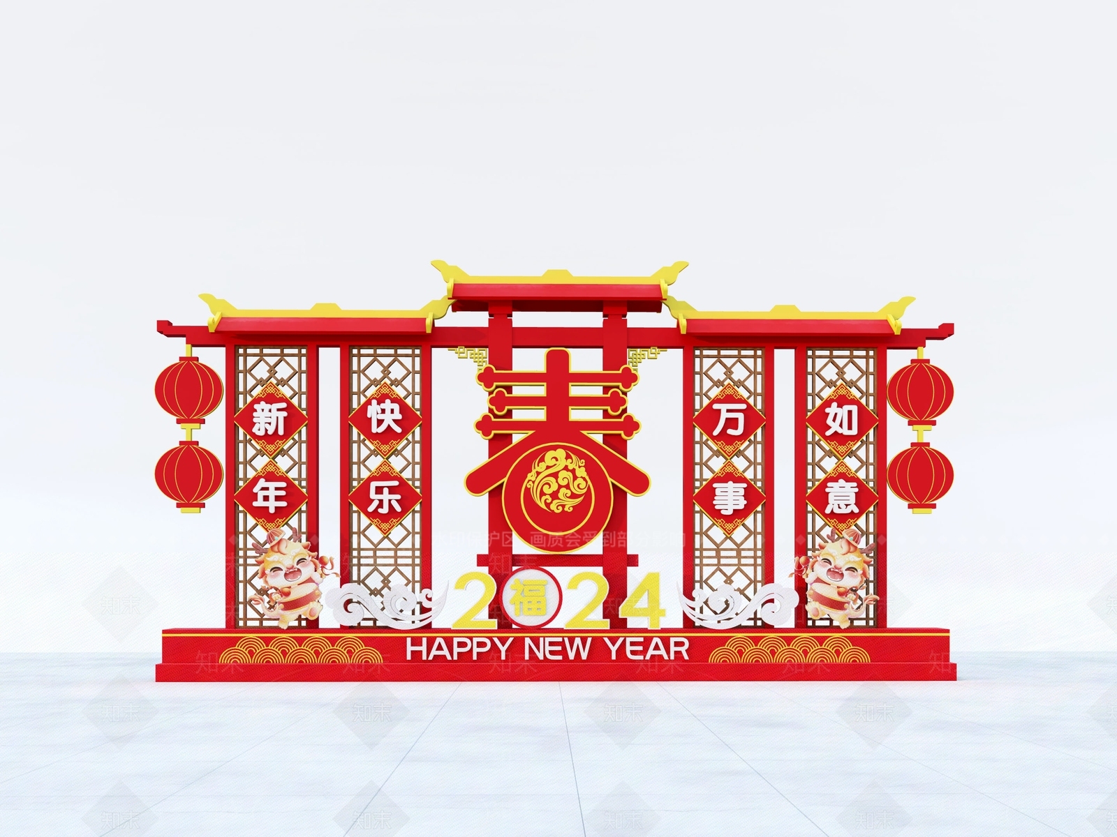 新中式风格新年美陈SU模型下载【ID:1152186248】