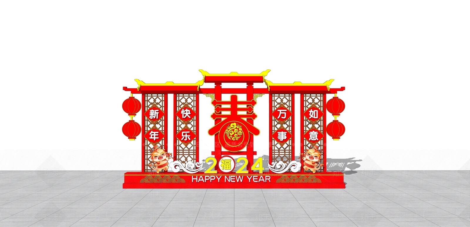 新中式风格新年美陈SU模型下载【ID:1152186248】