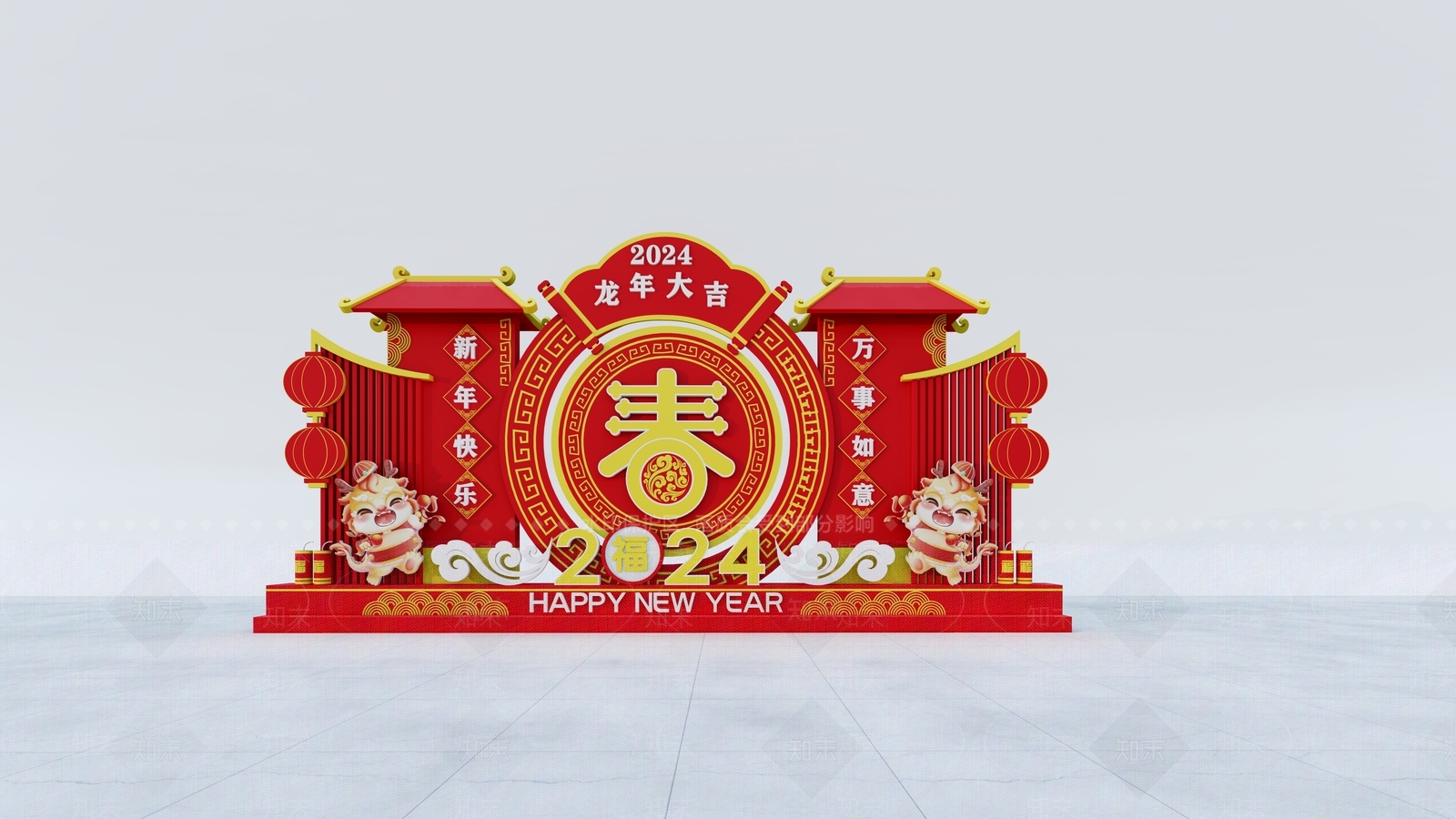 新中式风格新年美陈SU模型下载【ID:1152186300】