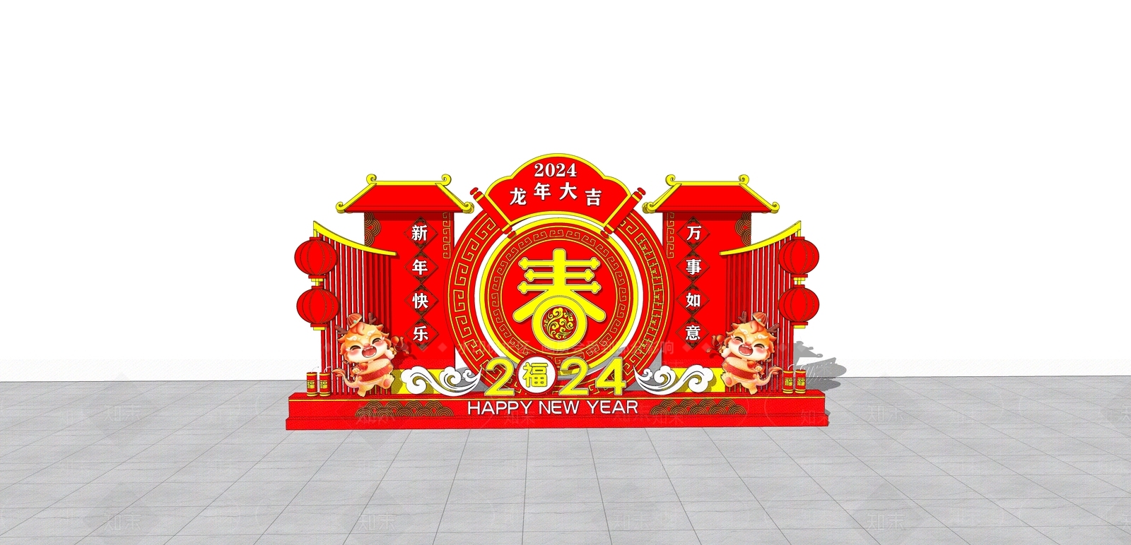 新中式风格新年美陈SU模型下载【ID:1152186300】