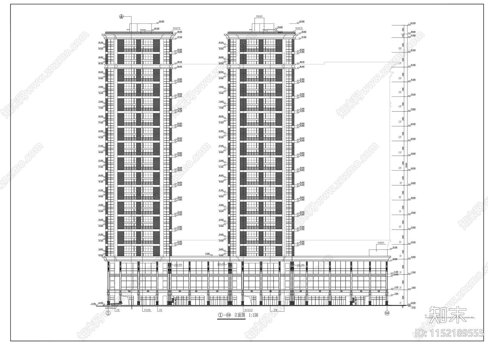 校区公寓楼建筑cad施工图下载【ID:1152189555】