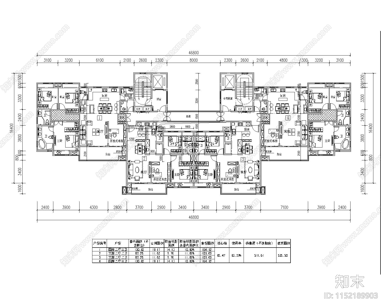 两梯两户户型cad施工图下载【ID:1152189903】