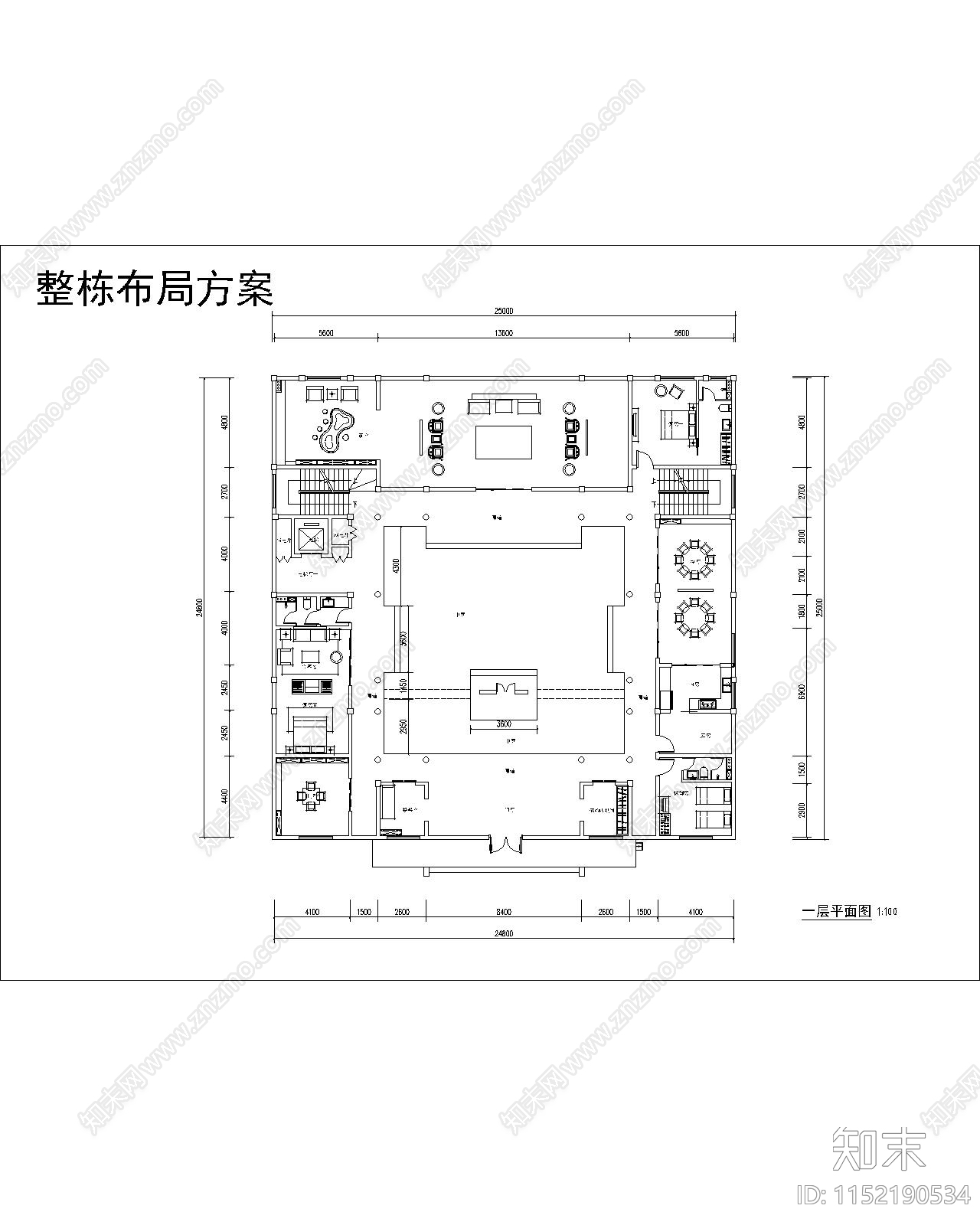 中式独栋别墅平面施工图下载【ID:1152190534】