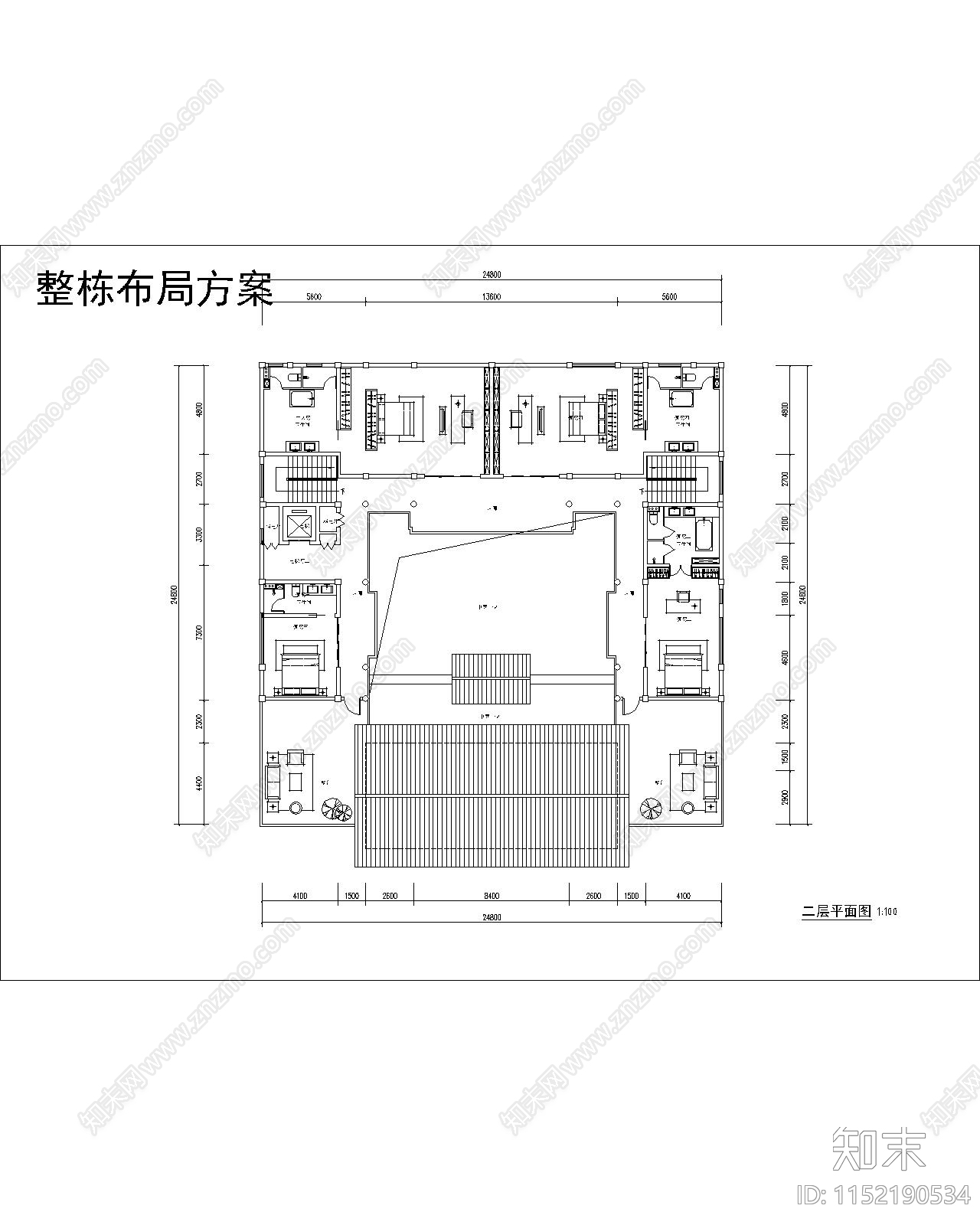 中式独栋别墅平面施工图下载【ID:1152190534】