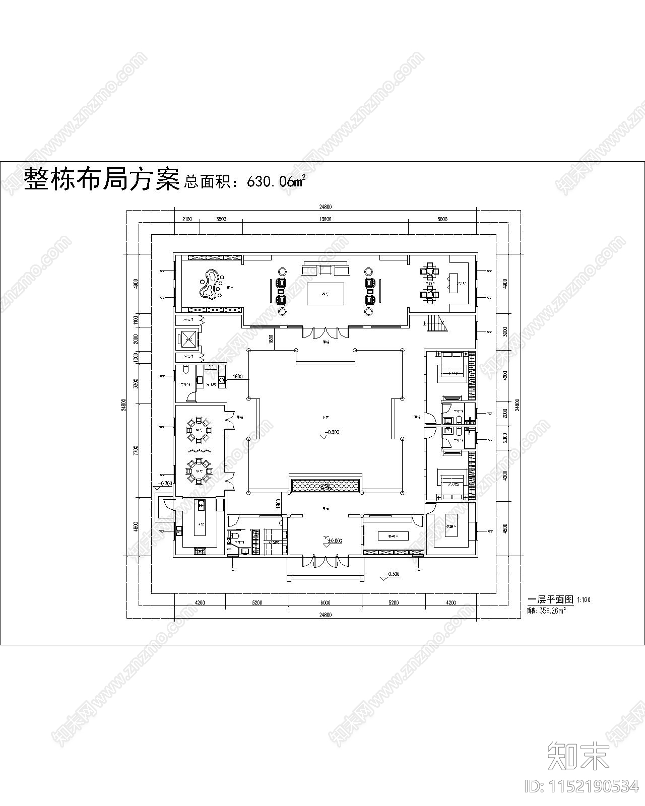 中式独栋别墅平面施工图下载【ID:1152190534】