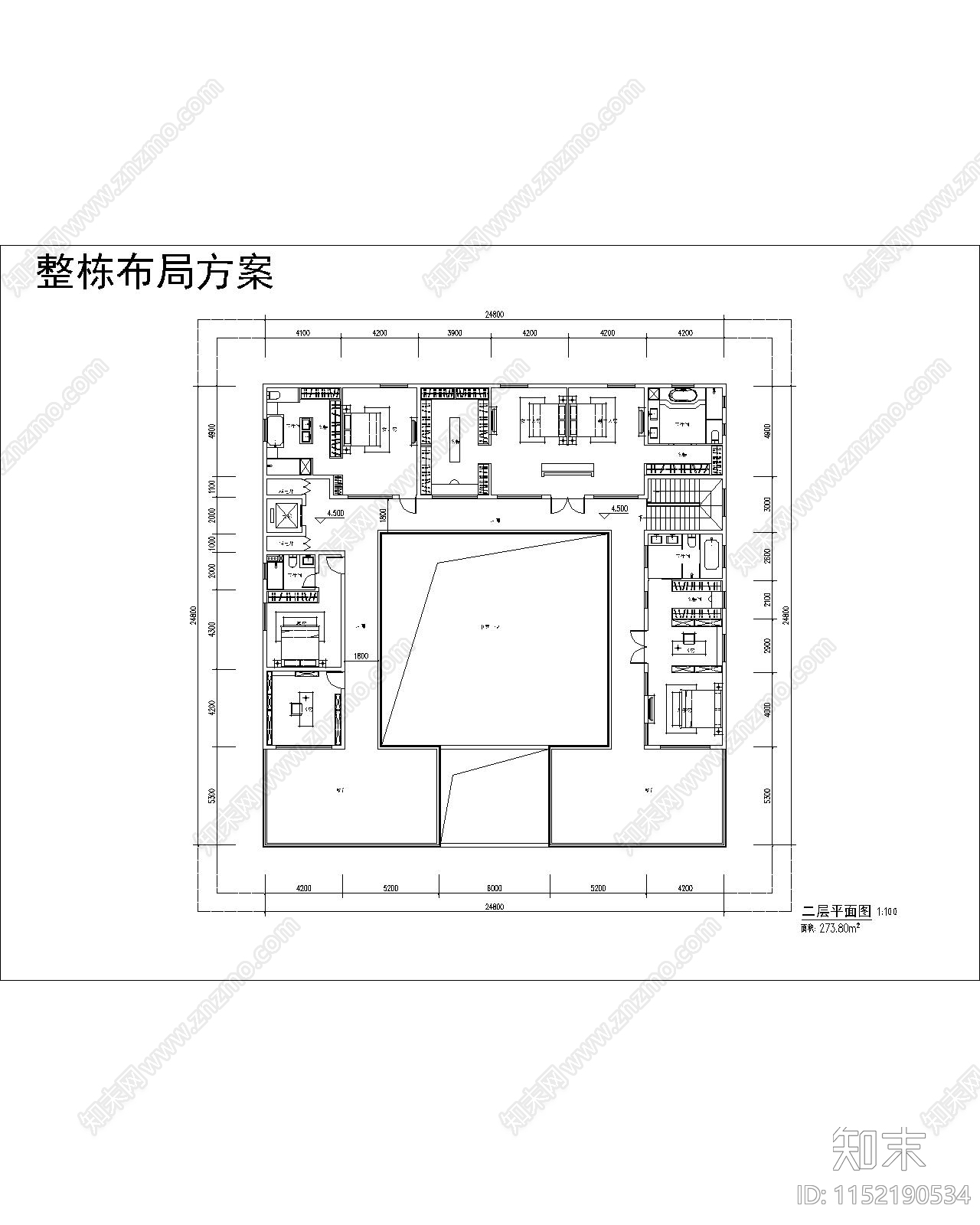 中式独栋别墅平面施工图下载【ID:1152190534】