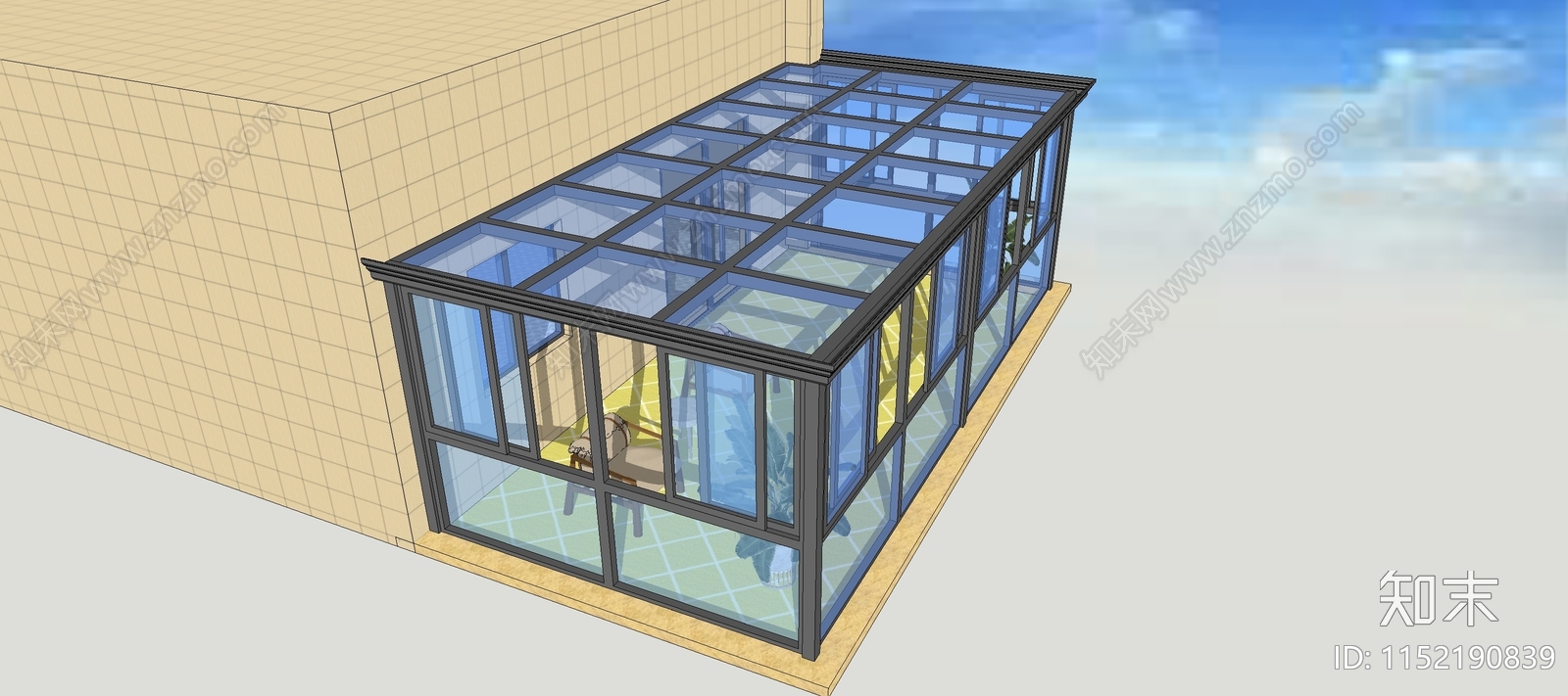 现代一面靠墙平顶阳光房SU模型下载【ID:1152190839】