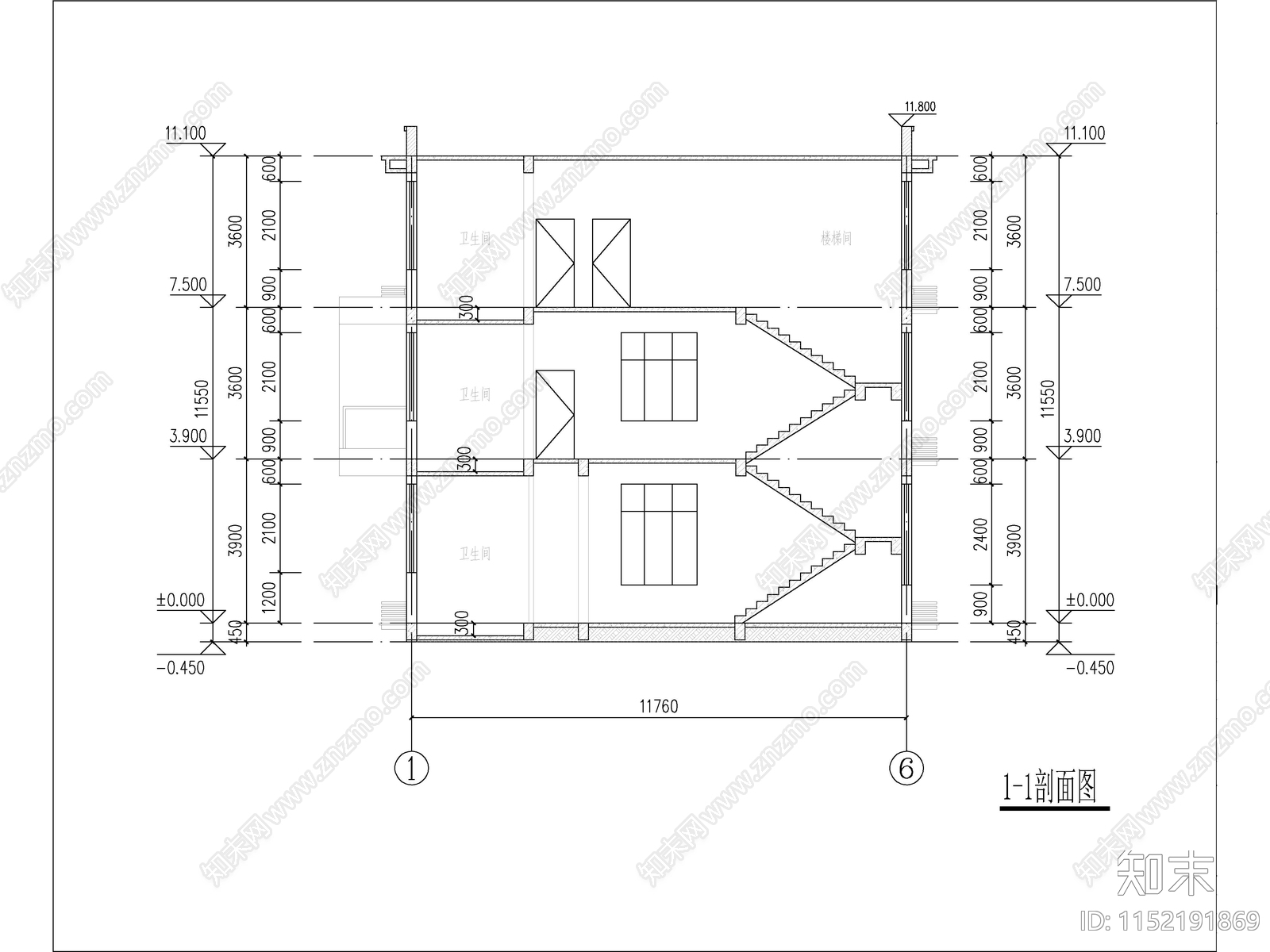 现代三层独栋别墅建筑施工图下载【ID:1152191869】