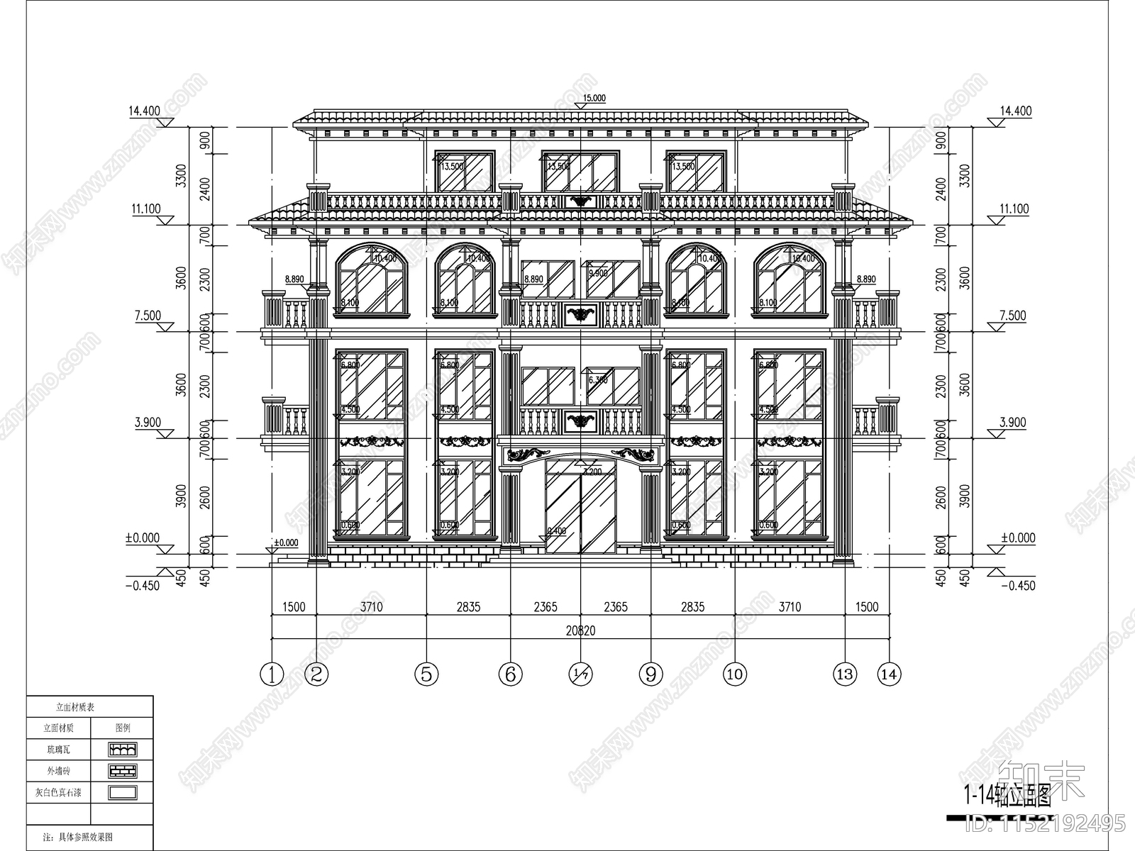 欧式四层大开间独栋别墅建筑cad施工图下载【ID:1152192495】