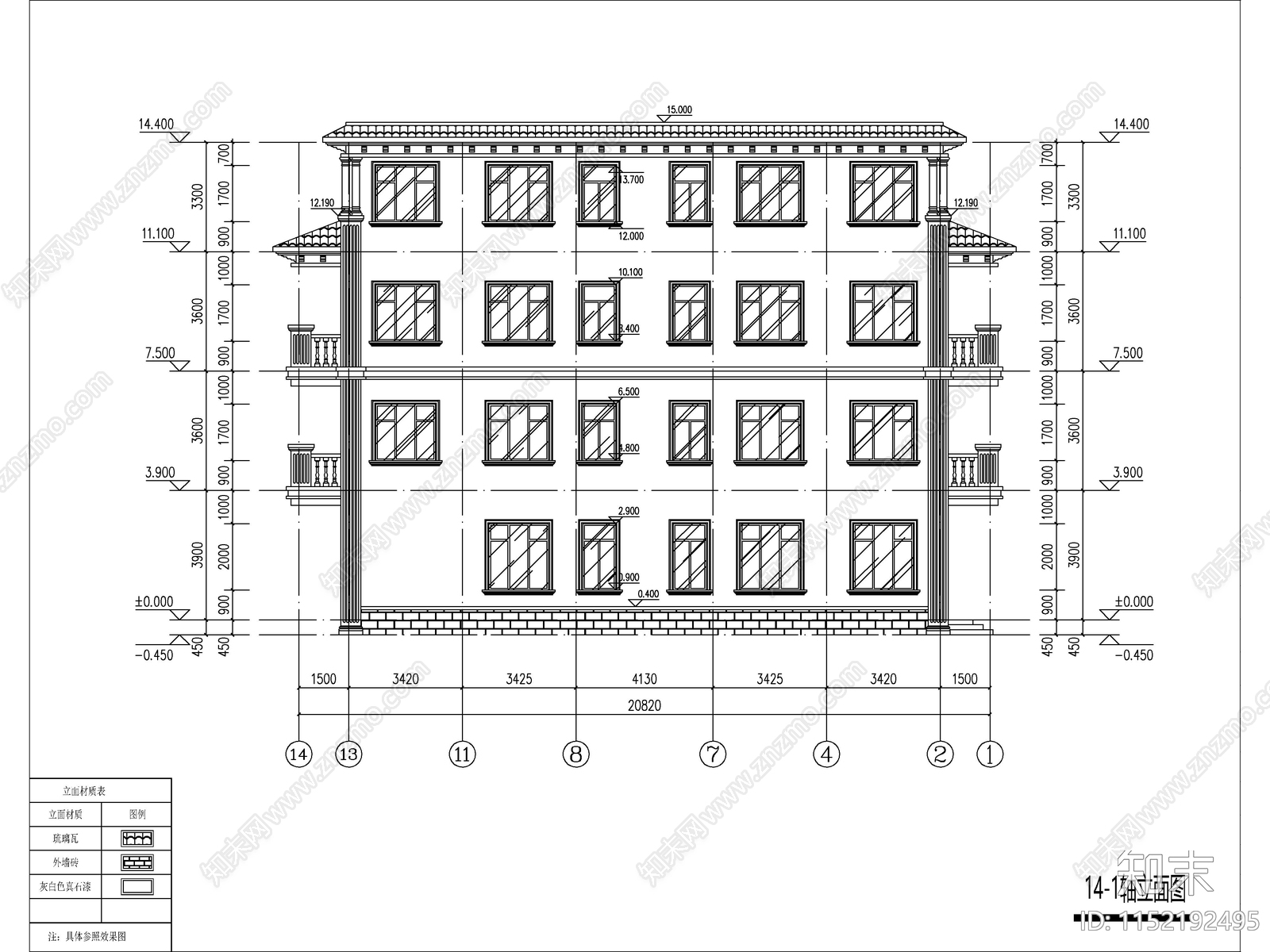 欧式四层大开间独栋别墅建筑cad施工图下载【ID:1152192495】