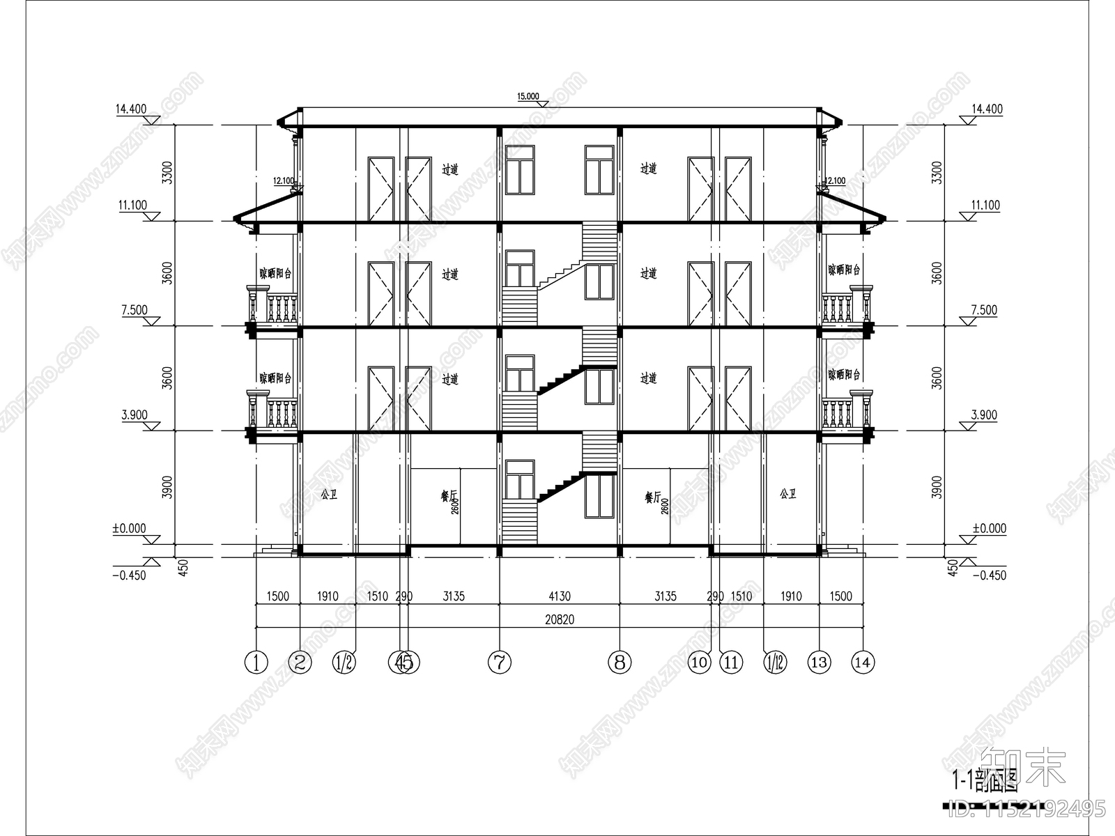 欧式四层大开间独栋别墅建筑cad施工图下载【ID:1152192495】