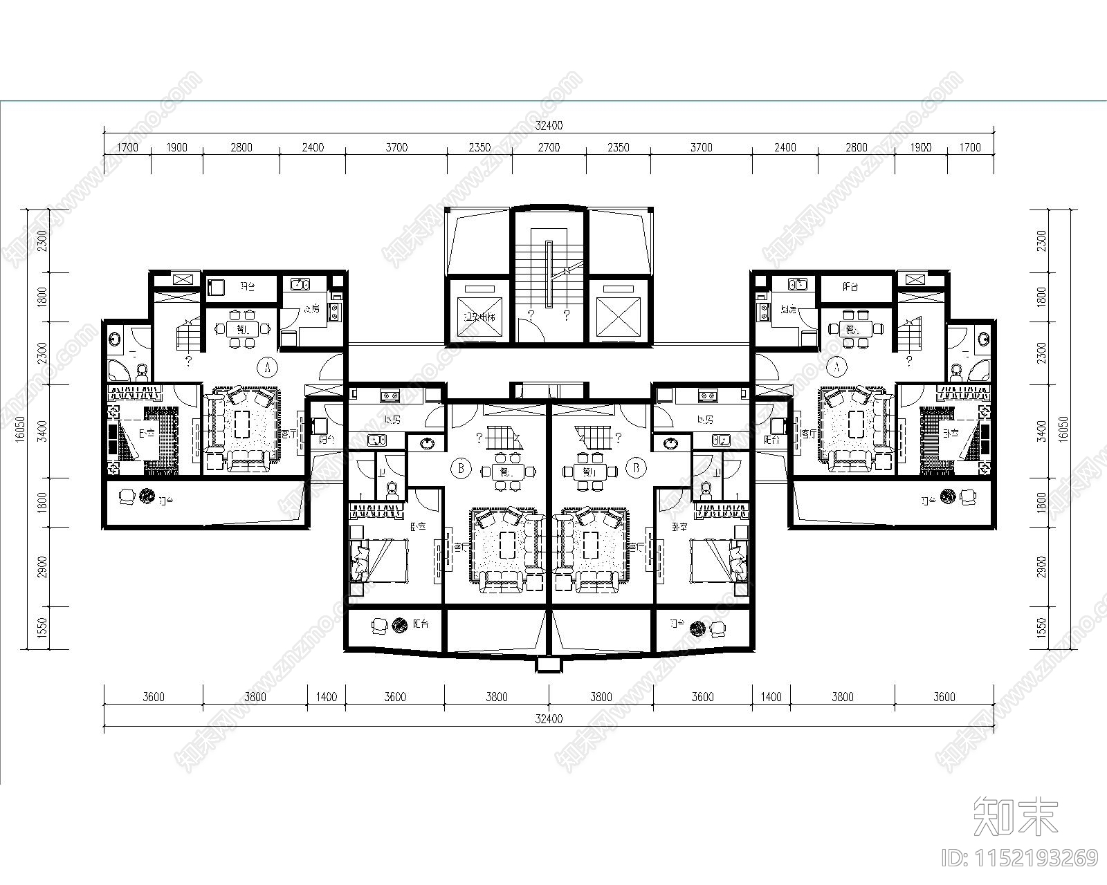 现代住宅户型一梯四户平面cad施工图下载【ID:1152193269】