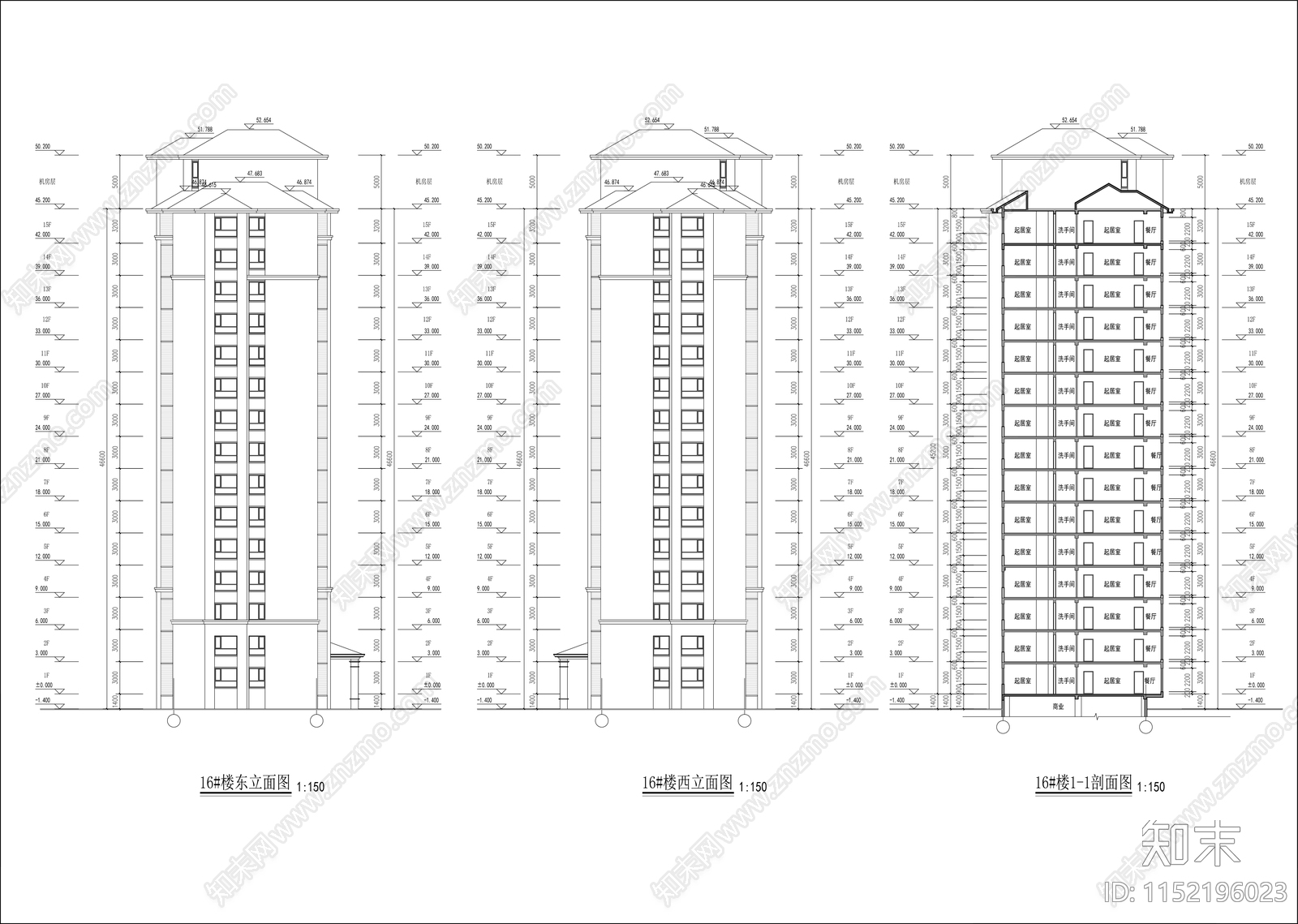 古典风格高层板楼住宅cad施工图下载【ID:1152196023】