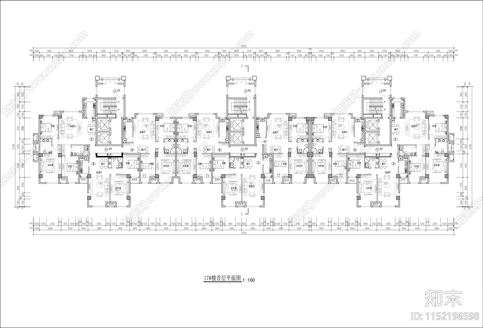 古典风格高层板楼住宅cad施工图下载【ID:1152196598】