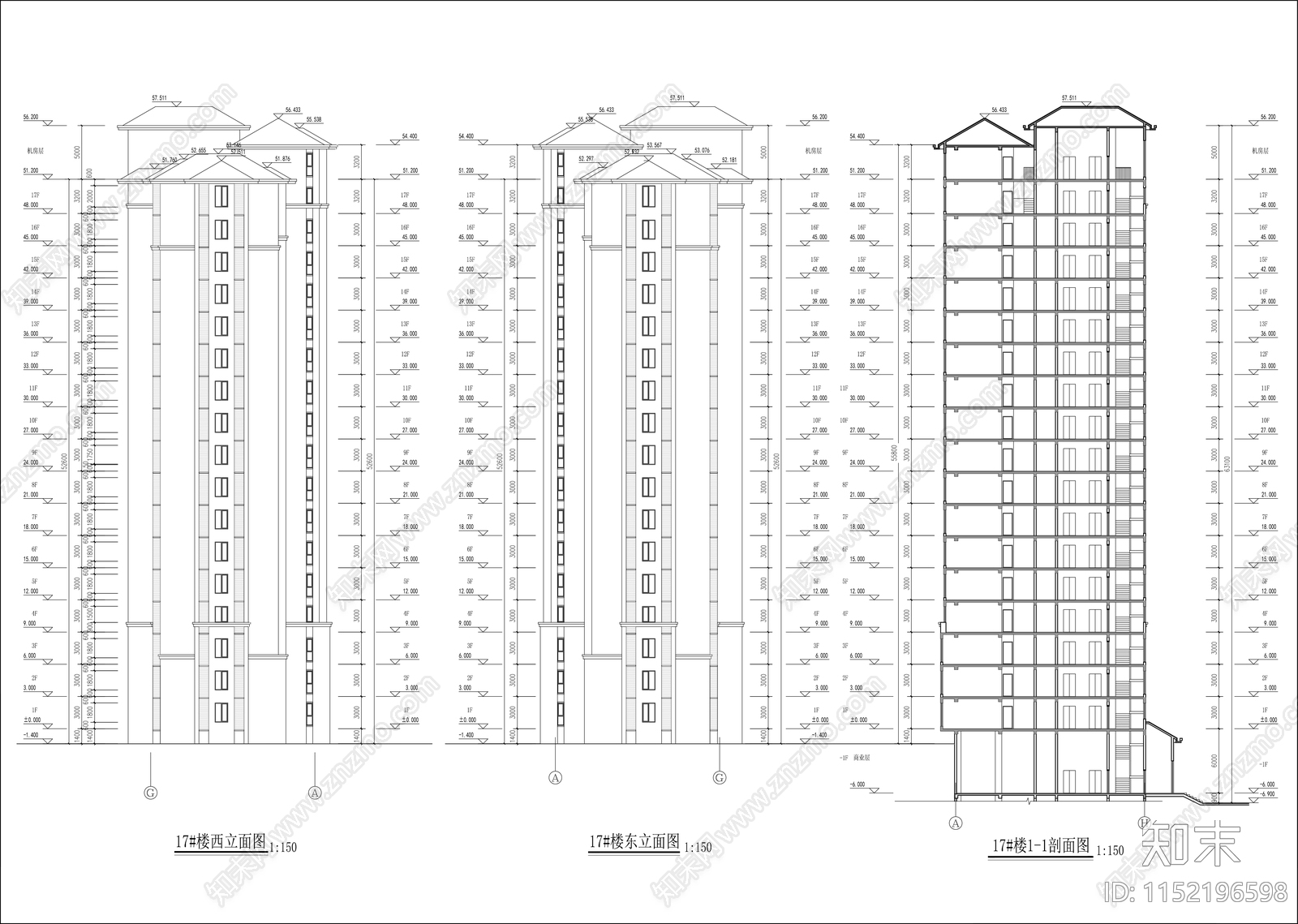 古典风格高层板楼住宅cad施工图下载【ID:1152196598】