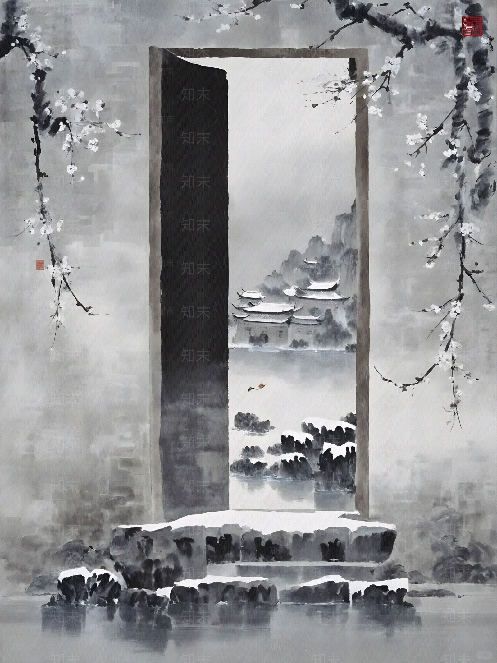 中式徽州风景装饰画贴图下载【ID:1152221693】