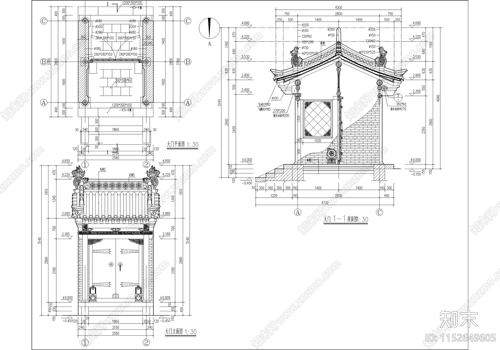 古城院落修缮cad施工图下载【ID:1152649605】