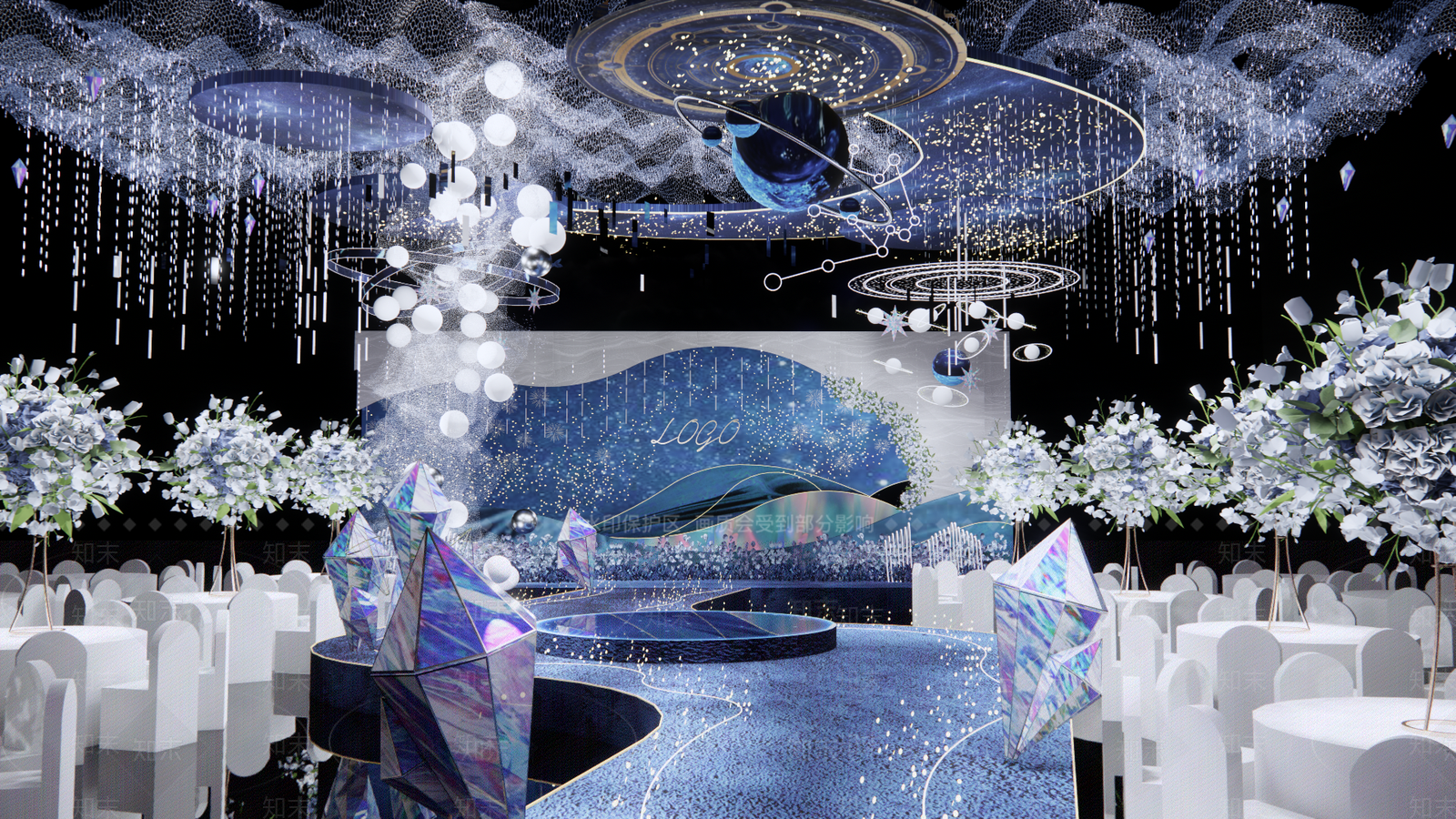 现代蓝色星空婚礼酒店宴会厅SU模型下载【ID:1152223542】