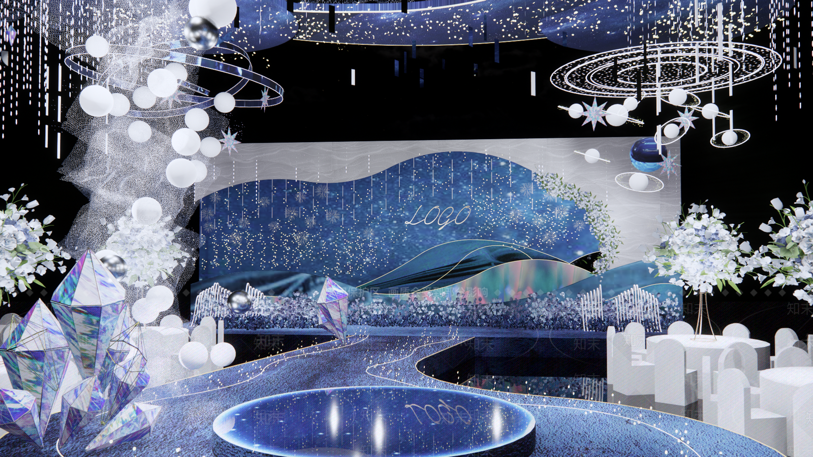 现代蓝色星空婚礼酒店宴会厅SU模型下载【ID:1152223542】