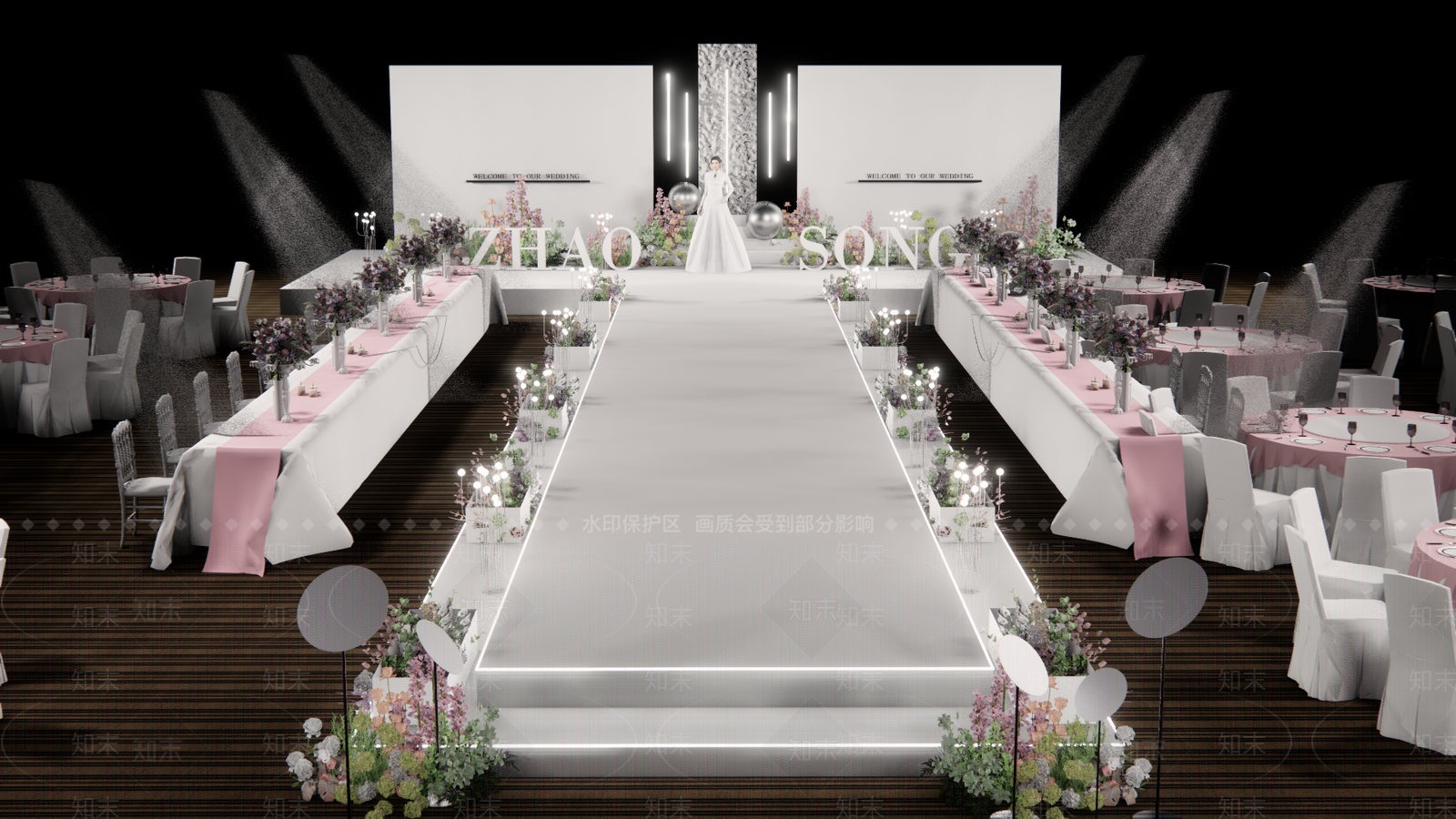 现代白绿粉色婚礼酒店宴会厅SU模型下载【ID:1152224130】