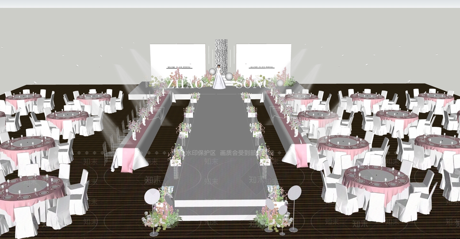 现代白绿粉色婚礼酒店宴会厅SU模型下载【ID:1152224130】