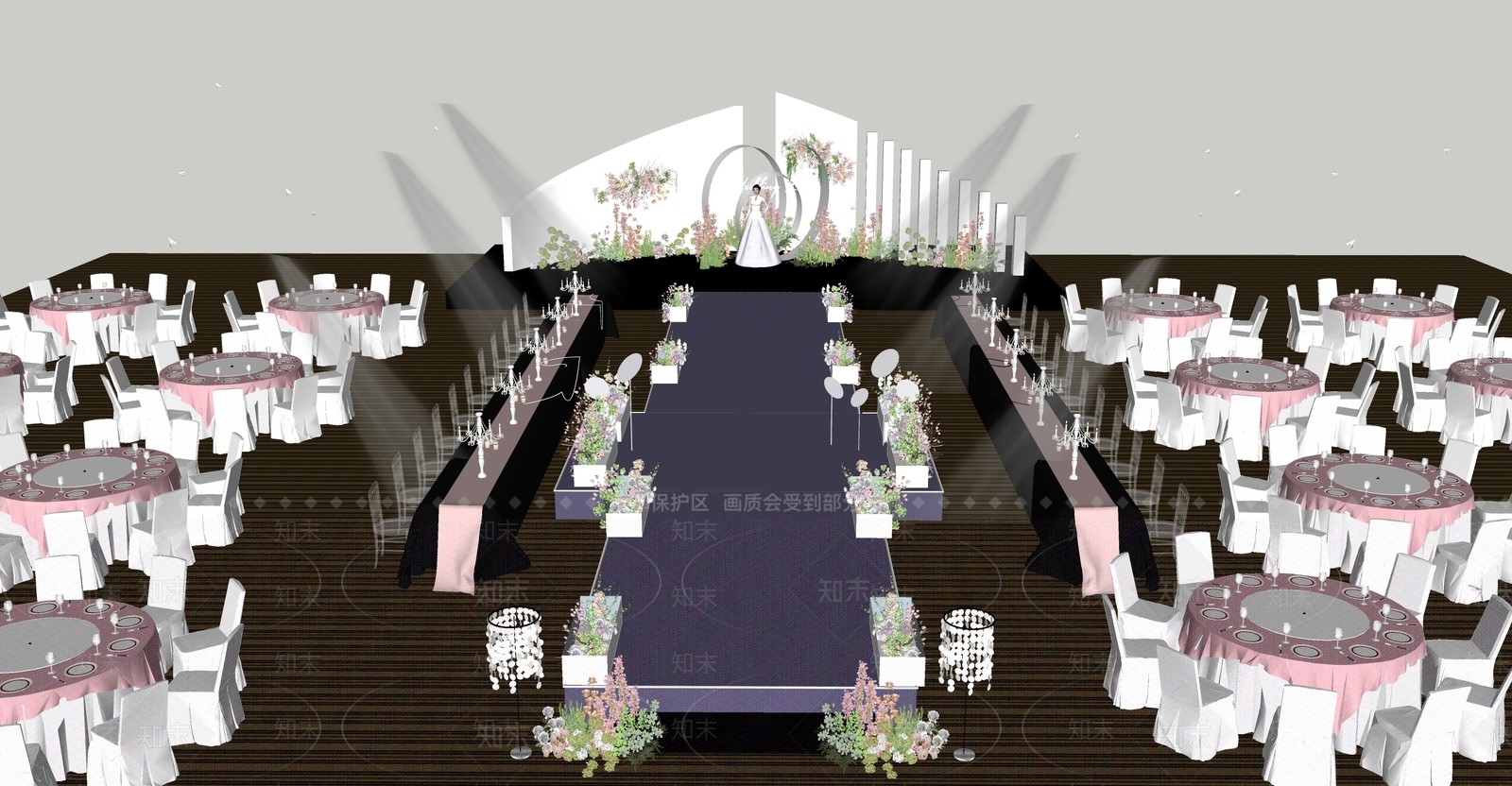 现代白绿粉色婚礼酒店宴会厅SU模型下载【ID:1152224360】