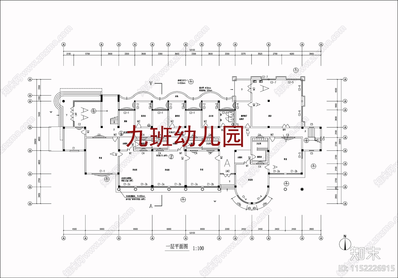 现代9班幼儿园建筑cad施工图下载【ID:1152226915】