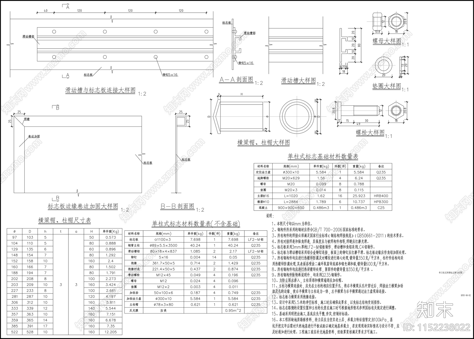 市政道路交通单立柱式标志牌做法大样施工图下载【ID:1152238022】
