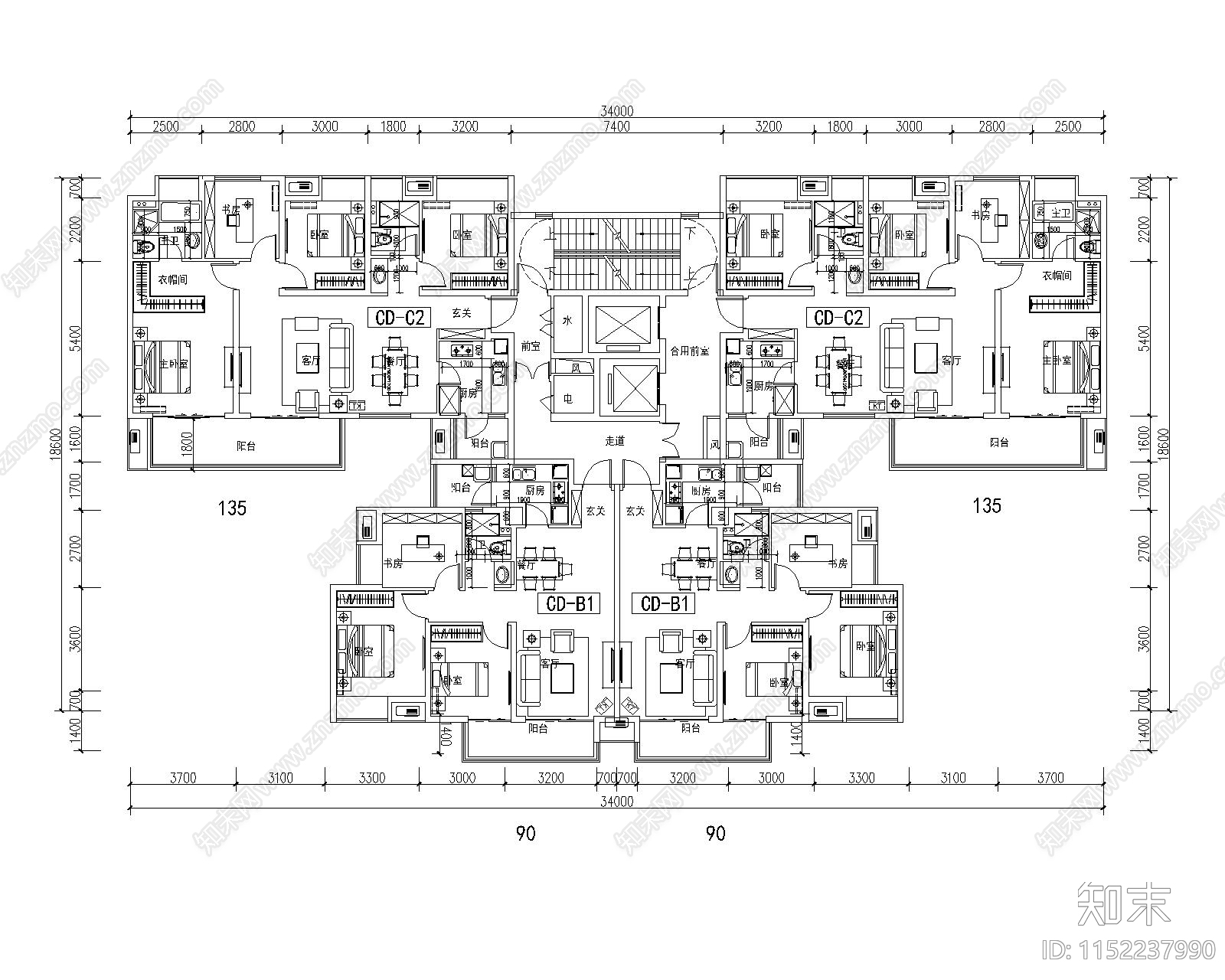 现代高层住宅塔楼两梯四户建筑平面图施工图下载【ID:1152237990】