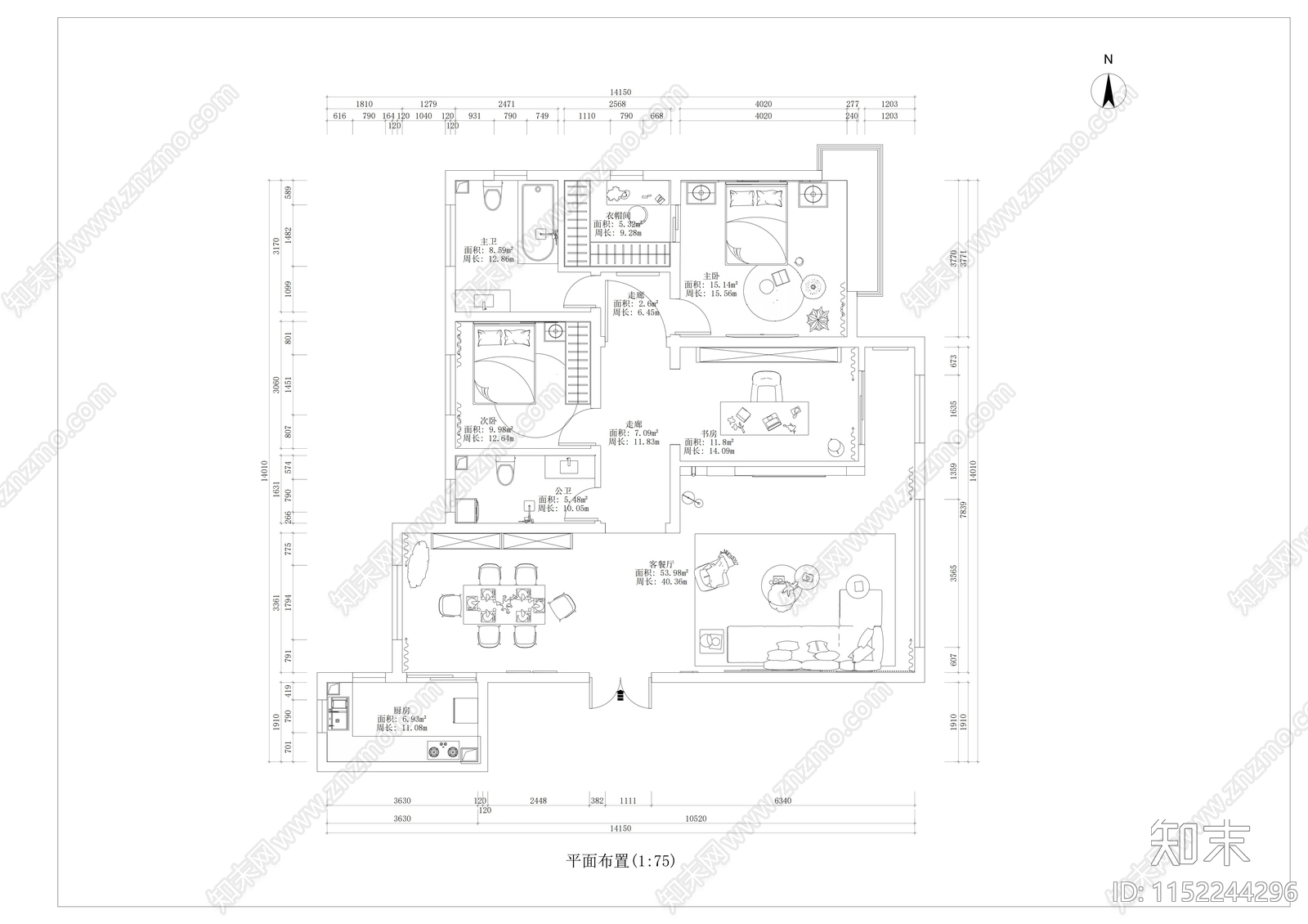 192平米三室两厅家装平面图cad施工图下载【ID:1152244296】