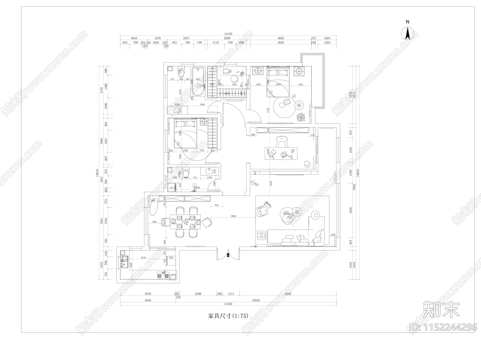 192平米三室两厅家装平面图cad施工图下载【ID:1152244296】