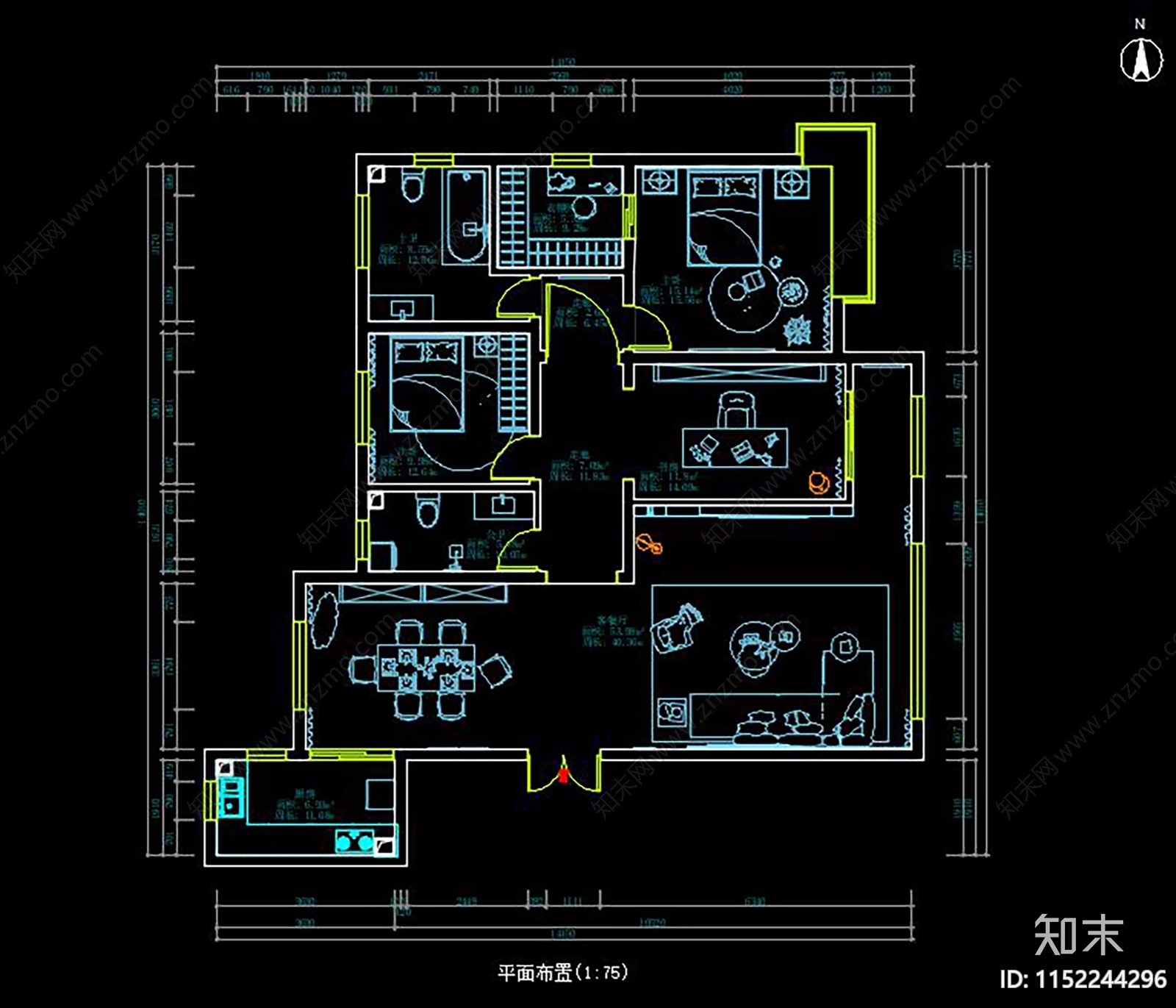 192平米三室两厅家装平面图cad施工图下载【ID:1152244296】