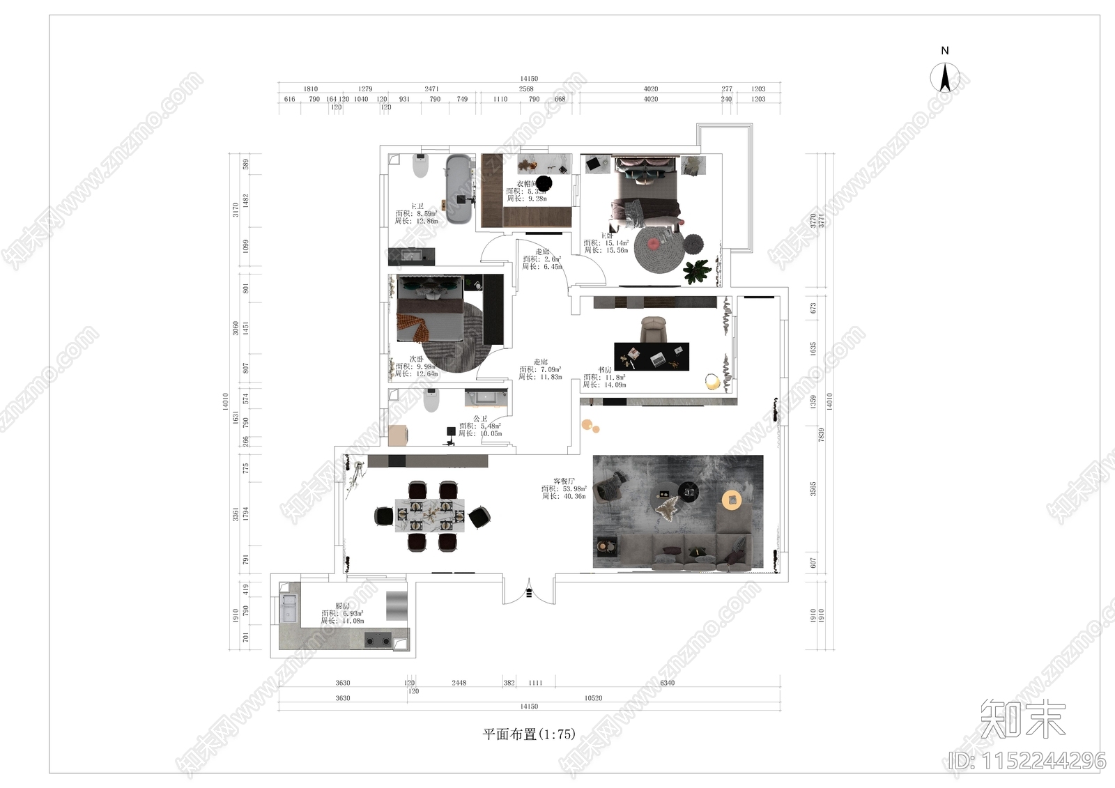 192平米三室两厅家装平面图cad施工图下载【ID:1152244296】