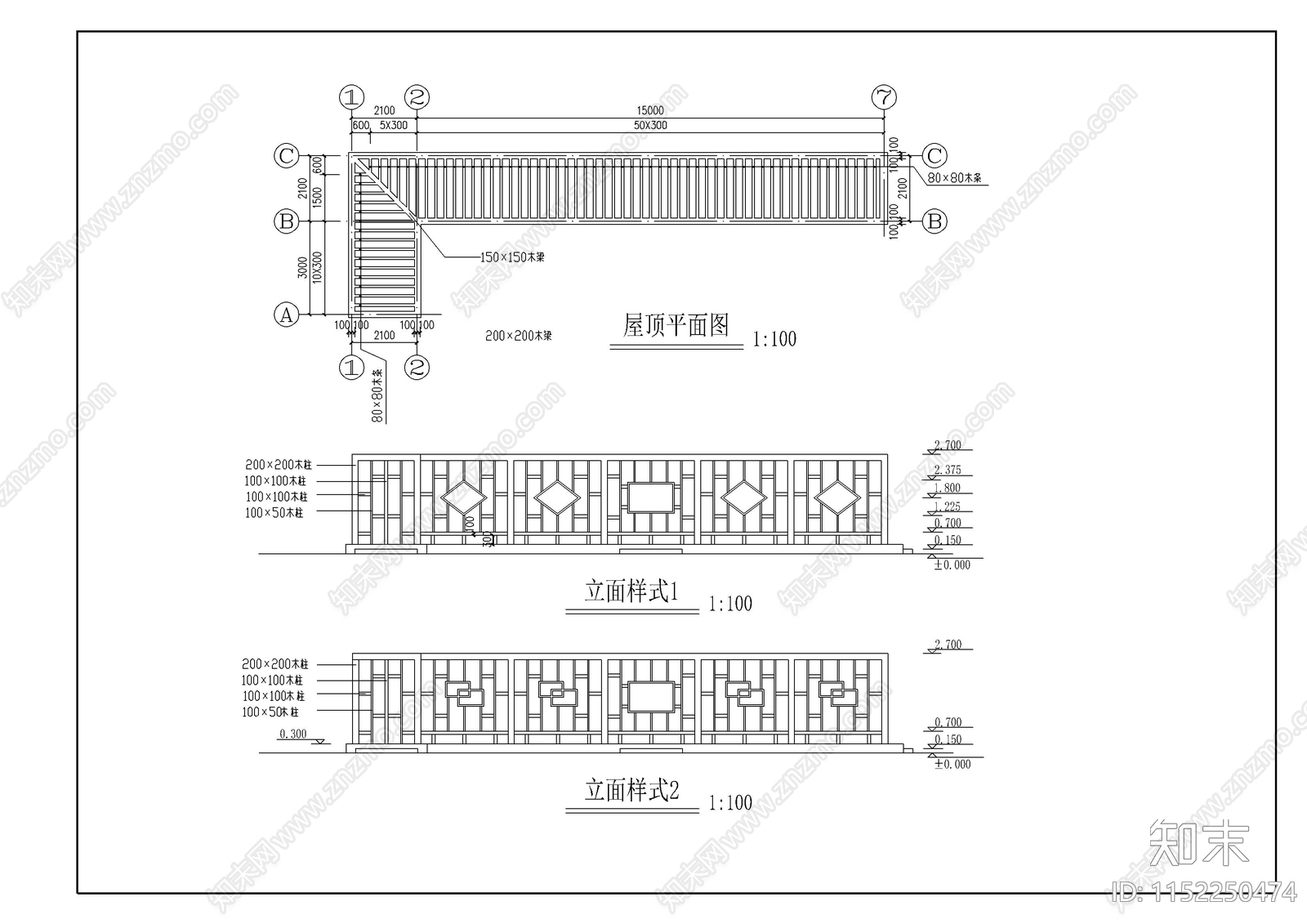 廊架详图cad施工图下载【ID:1152250474】