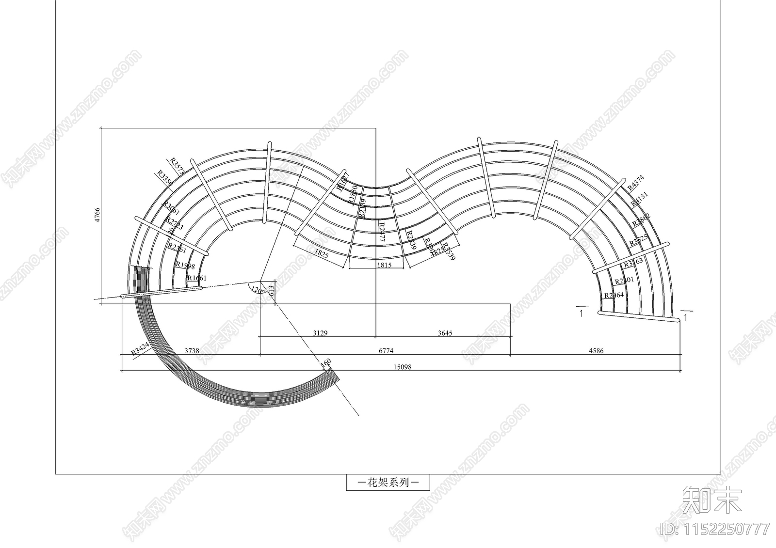 弧型钢管紫藤架详图cad施工图下载【ID:1152250777】