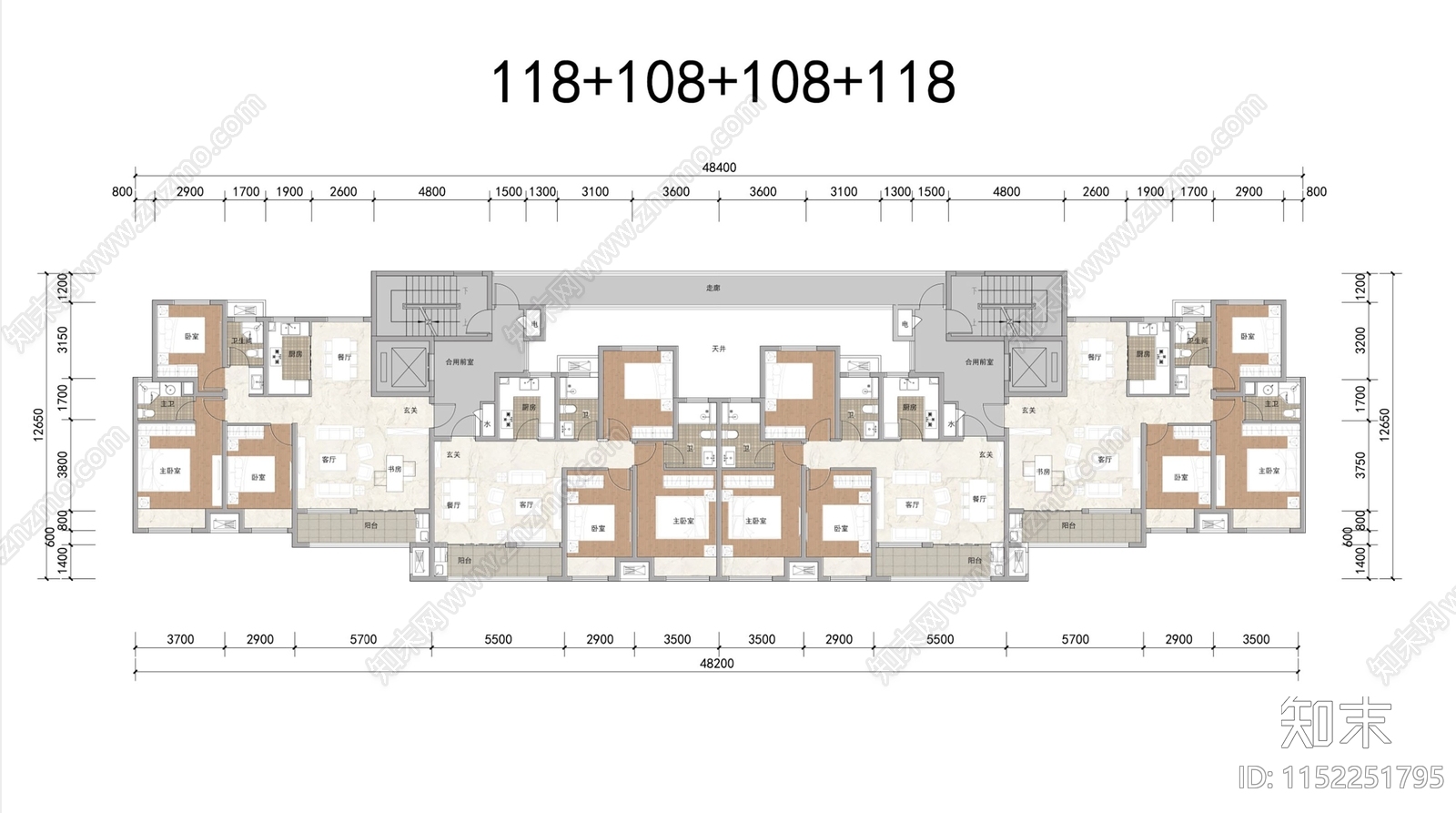 大面宽高层户型建筑平面图施工图下载【ID:1152251795】