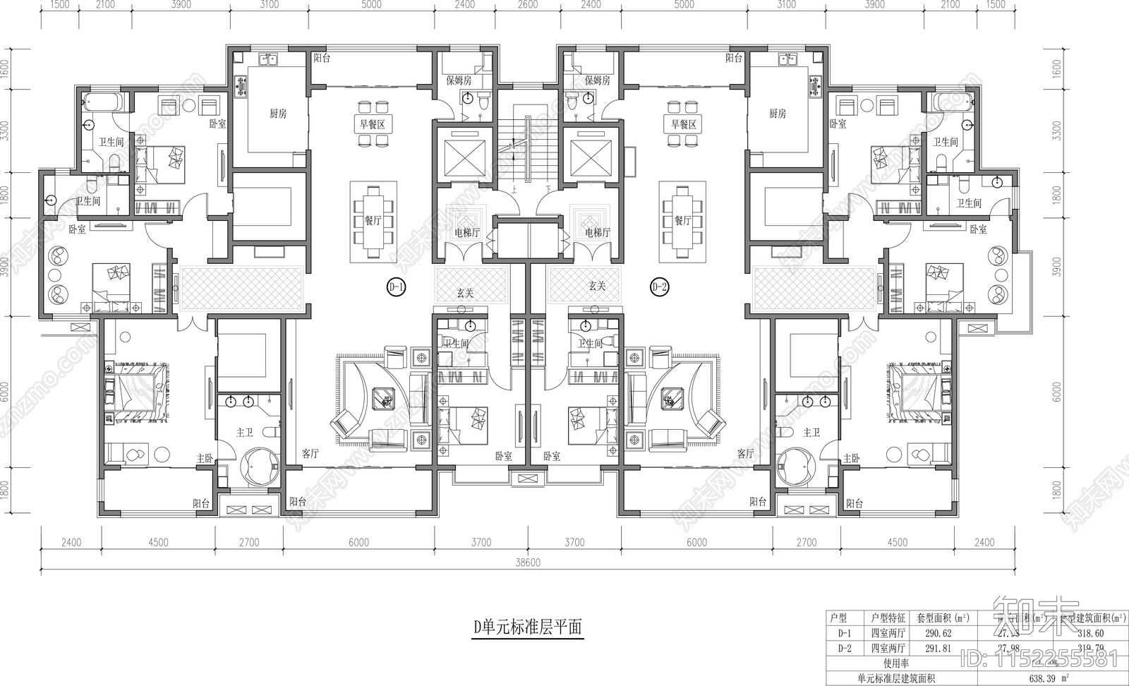 一梯两户高层300平住宅标准层建筑平面图施工图下载【ID:1152255581】