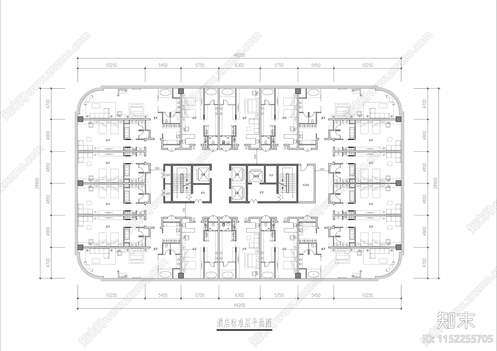 酒店标准层建筑平面图施工图下载【ID:1152255705】