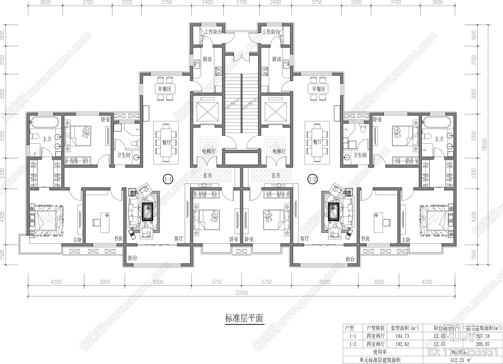 一梯两户高层住宅标准层建筑平面图施工图下载【ID:1152255951】