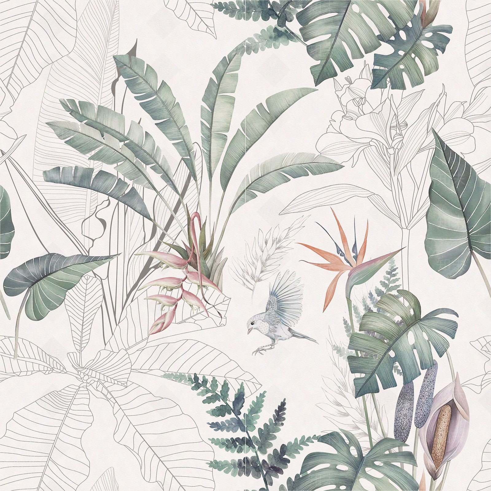 无缝热带植物花砖贴图下载【ID:1152255967】