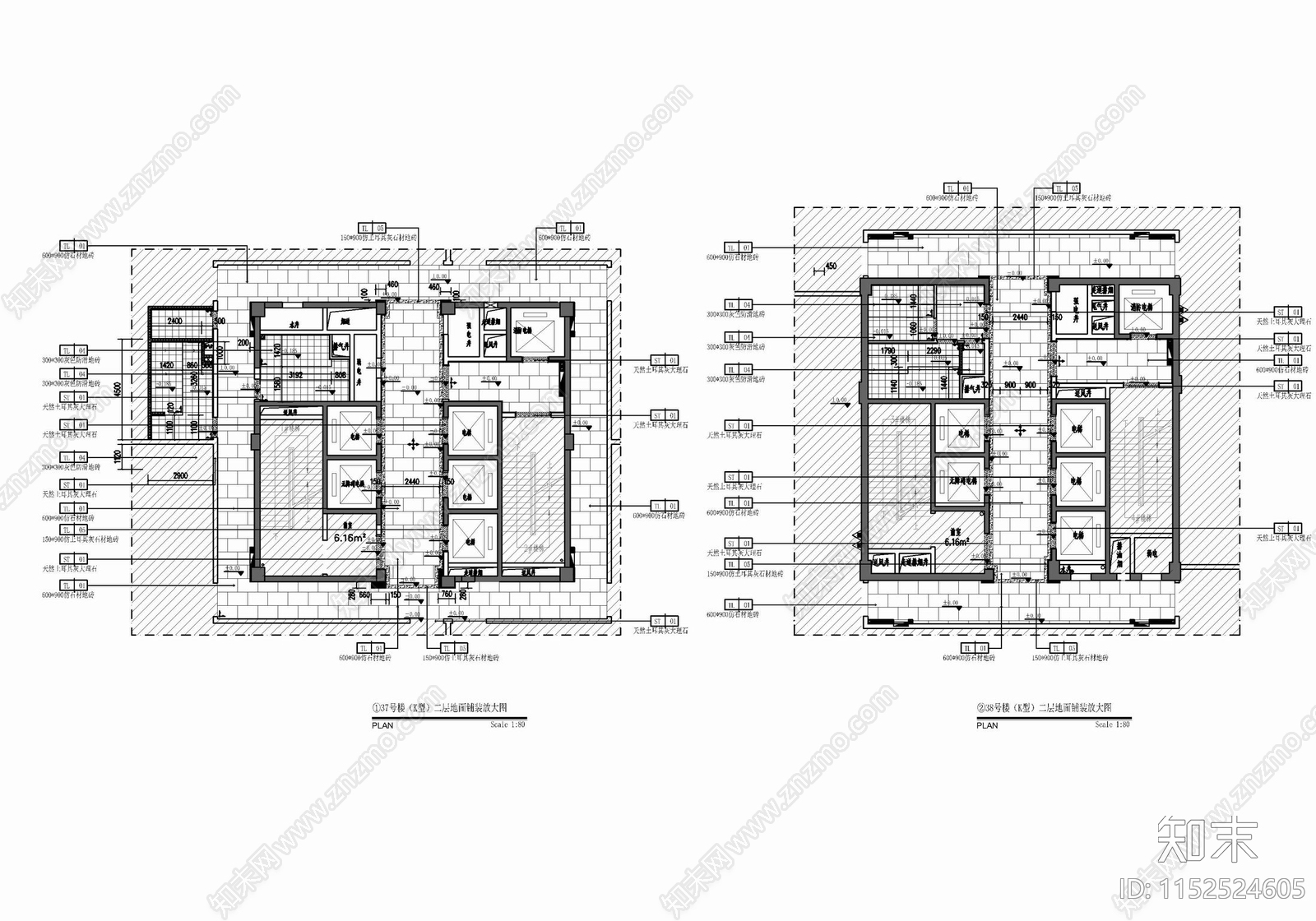 现代办公大楼公区电梯厅室cad施工图下载【ID:1152524605】