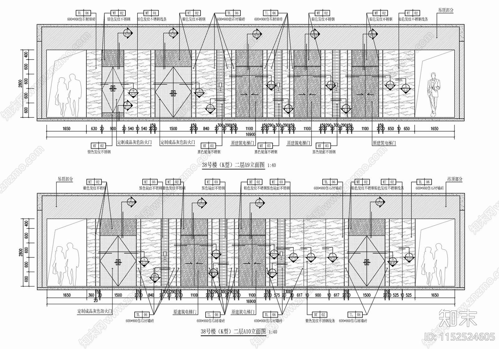 现代办公大楼公区电梯厅室cad施工图下载【ID:1152524605】