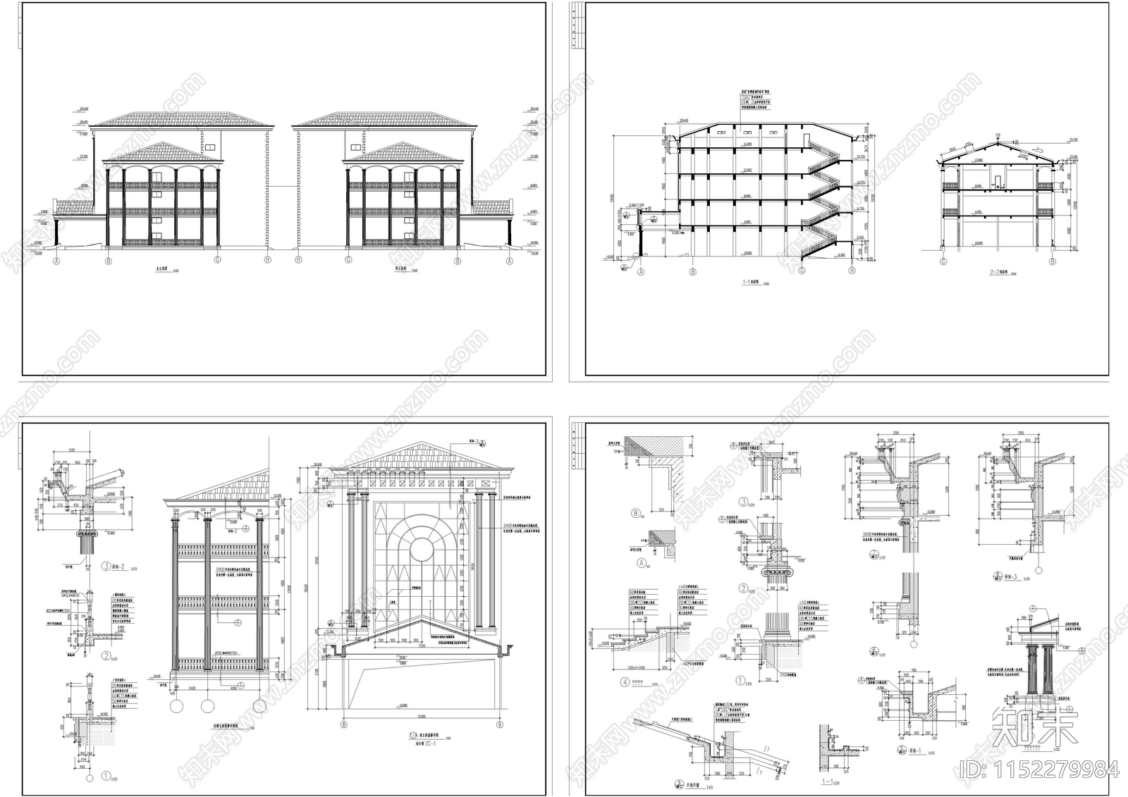 欧式简约会展中心建筑cad施工图下载【ID:1152279984】