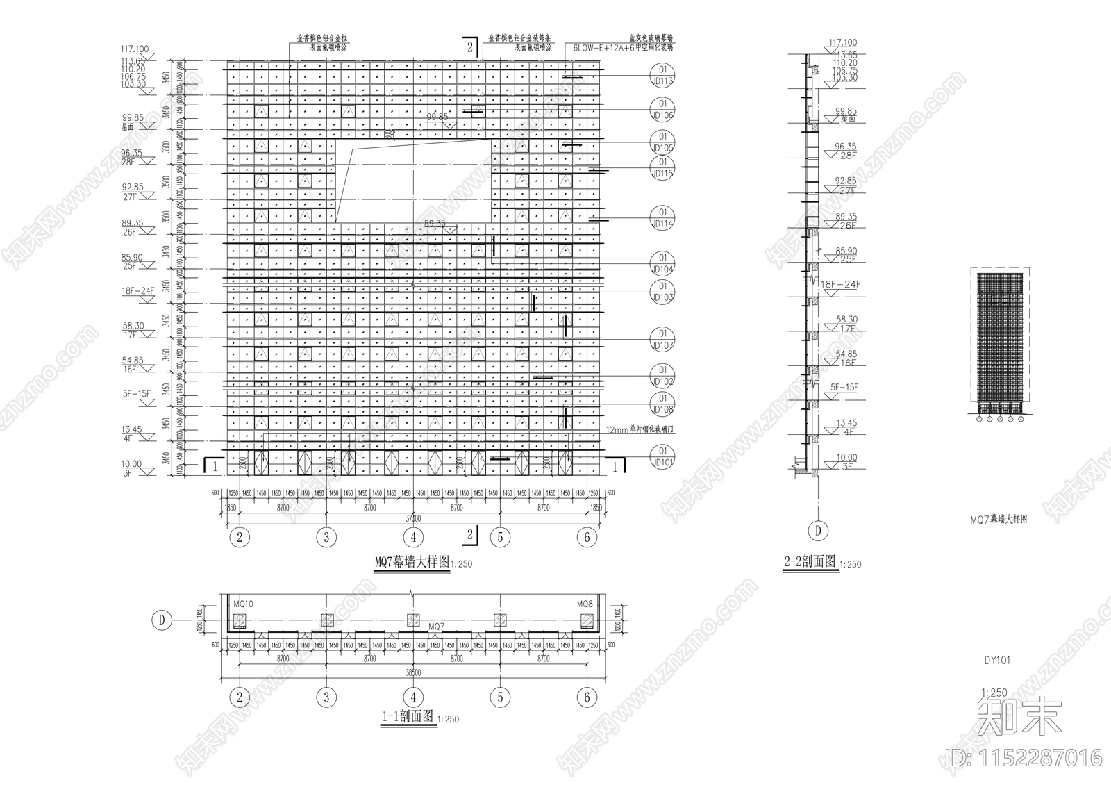 二十八层商业综合体钢化玻璃幕墙cad施工图下载【ID:1152287016】