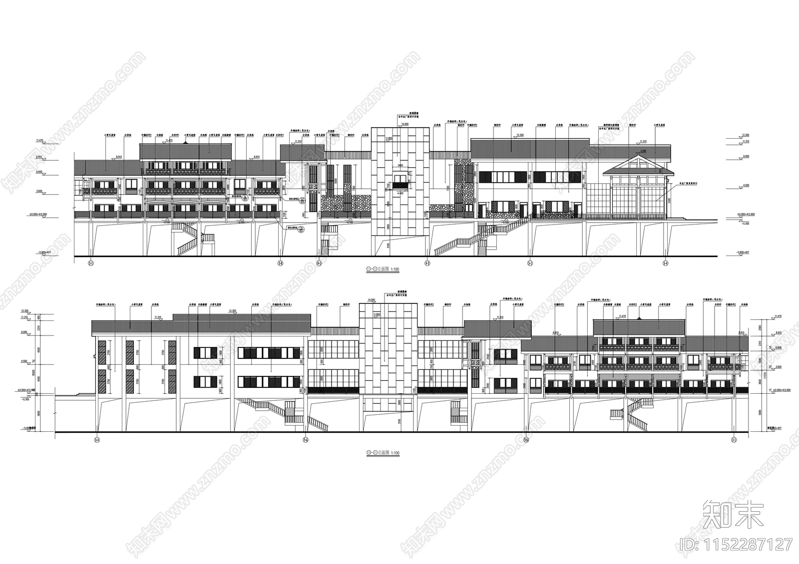 古镇恢复改造项目接待中心建筑方案图cad施工图下载【ID:1152287127】