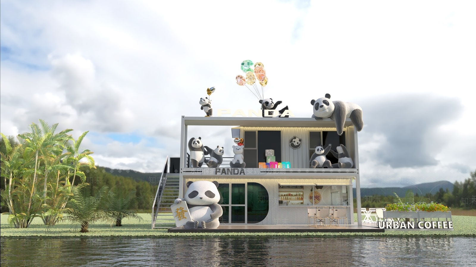 现代熊猫主题咖啡店SU模型下载【ID:1152293141】