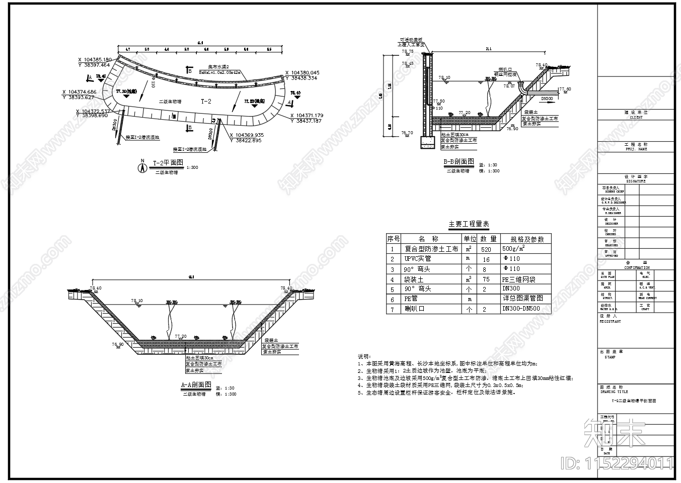 二级生物塘平面剖面图施工图下载【ID:1152294011】